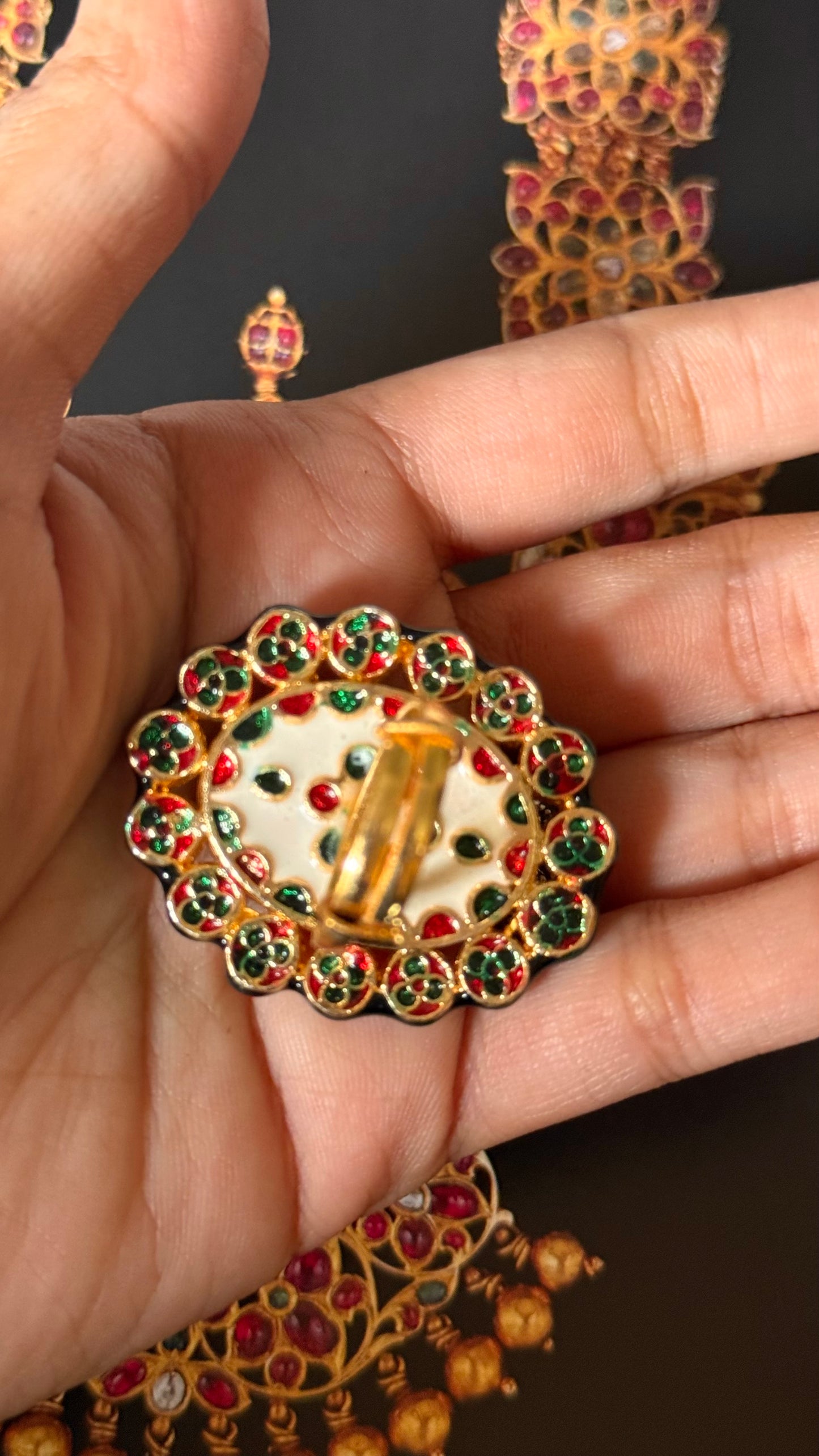 Emerald inlay & meenakari paachi adjustable ring