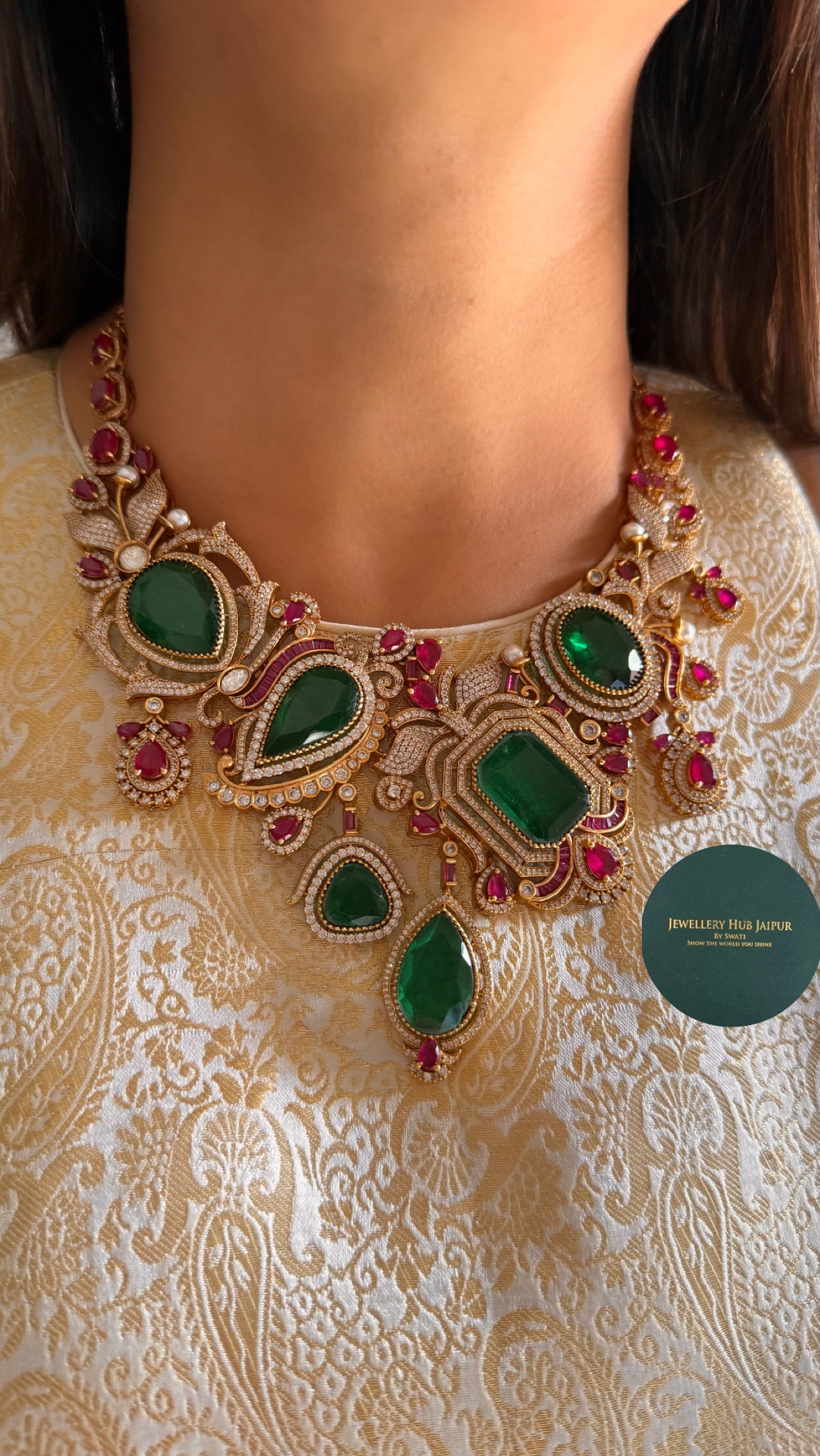 Ruby takkar & emerald doublet collar necklace
