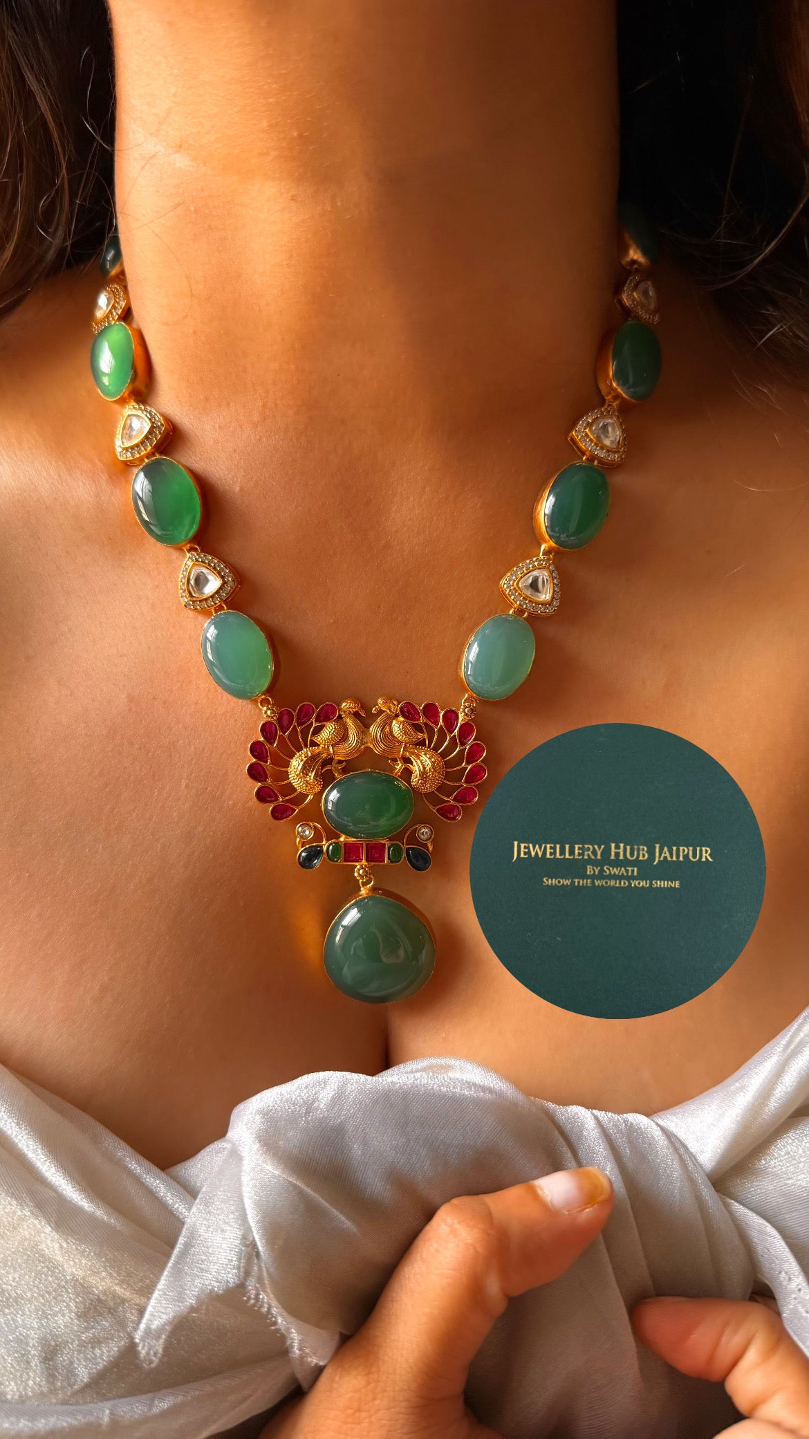 Amrapali inspired Natural stone Shades of emerald real stone with peacock design set