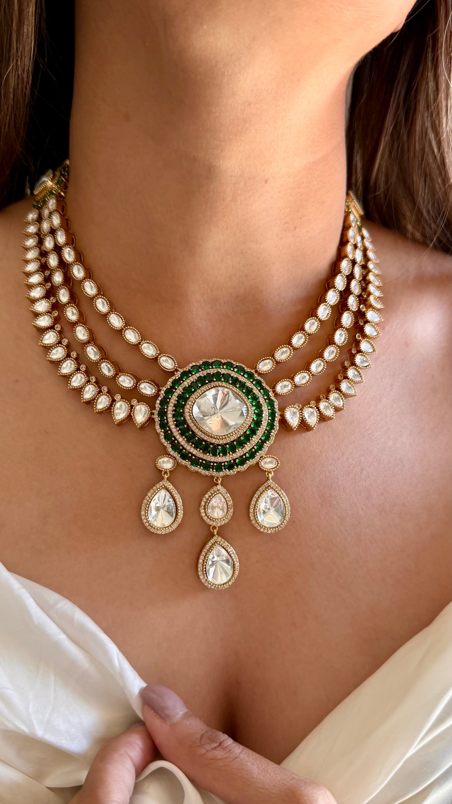 Emerald moissanite polki drop triple layered collar necklace