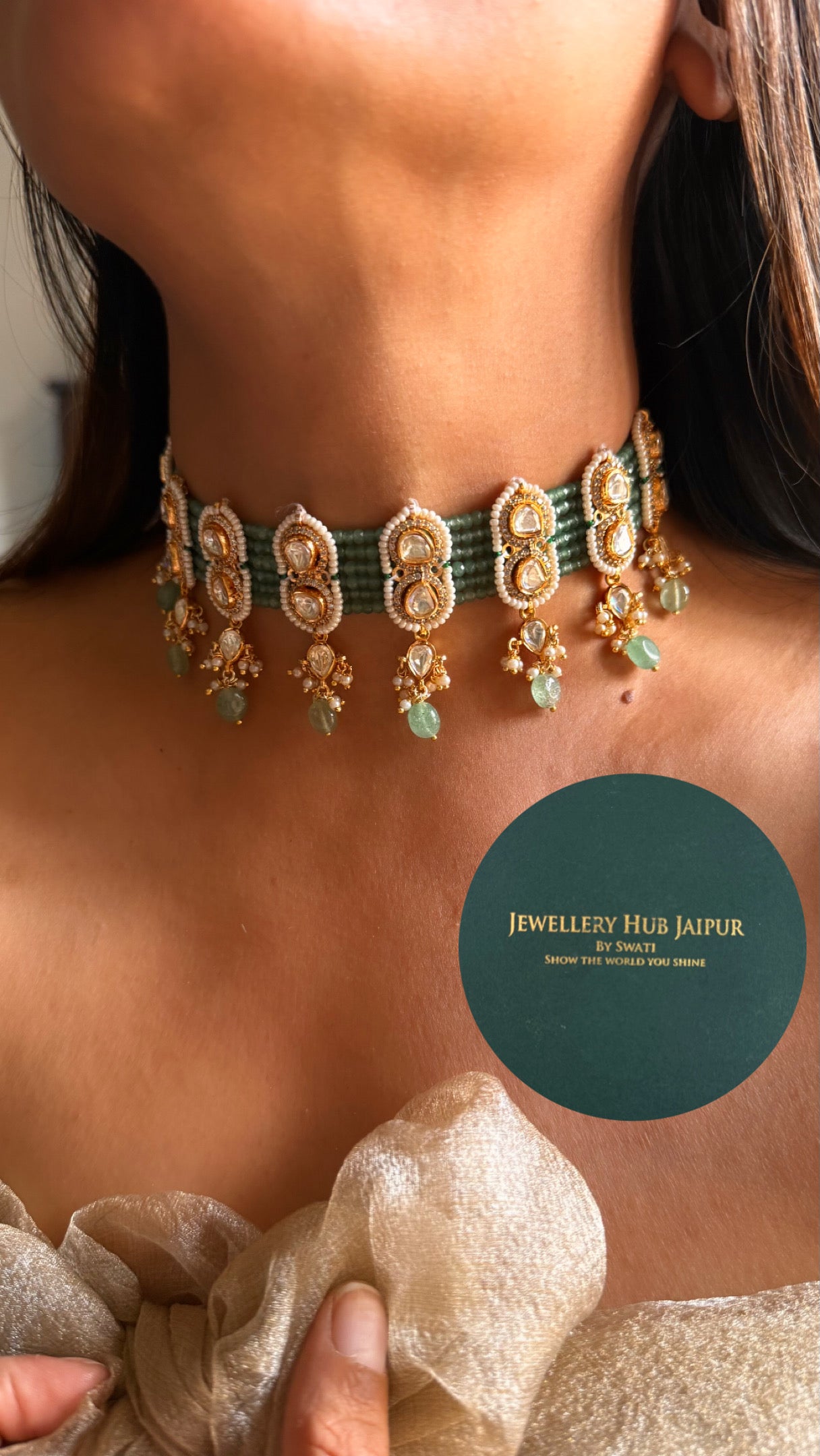 Real Moissanite mint choker set with strawberry drop