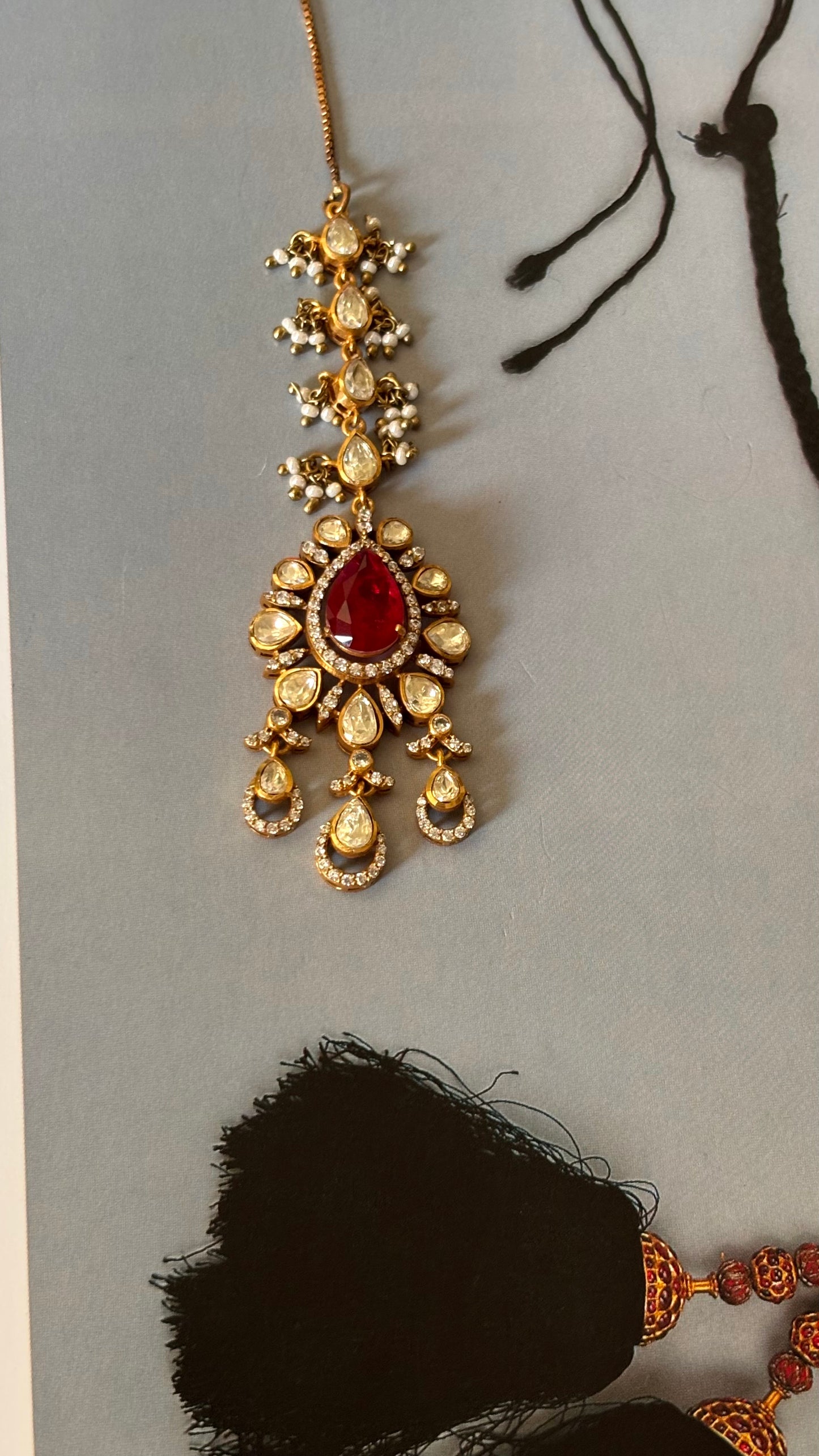 Ruby doublet peeli polki Moissanite maangtika