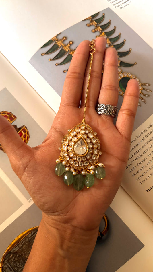 Emerald meenakari polki with mint maangtika