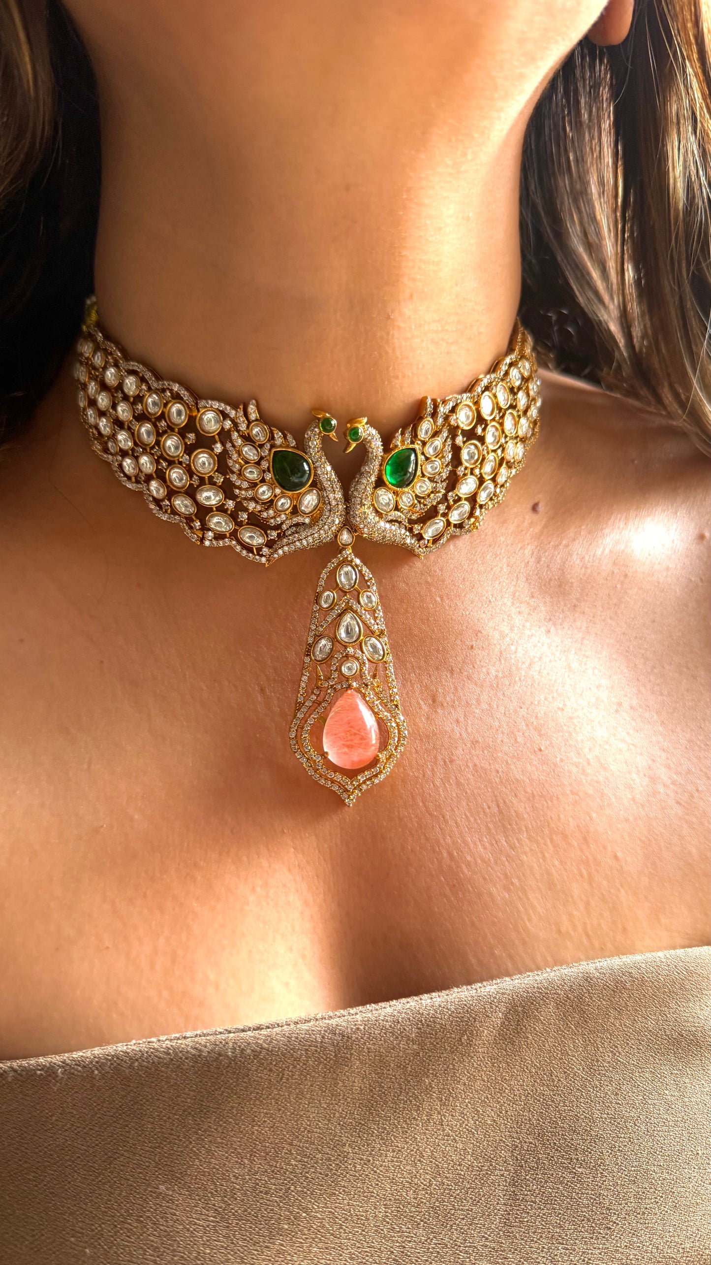 Emerald & rose Quartz peacock, inspired, joker