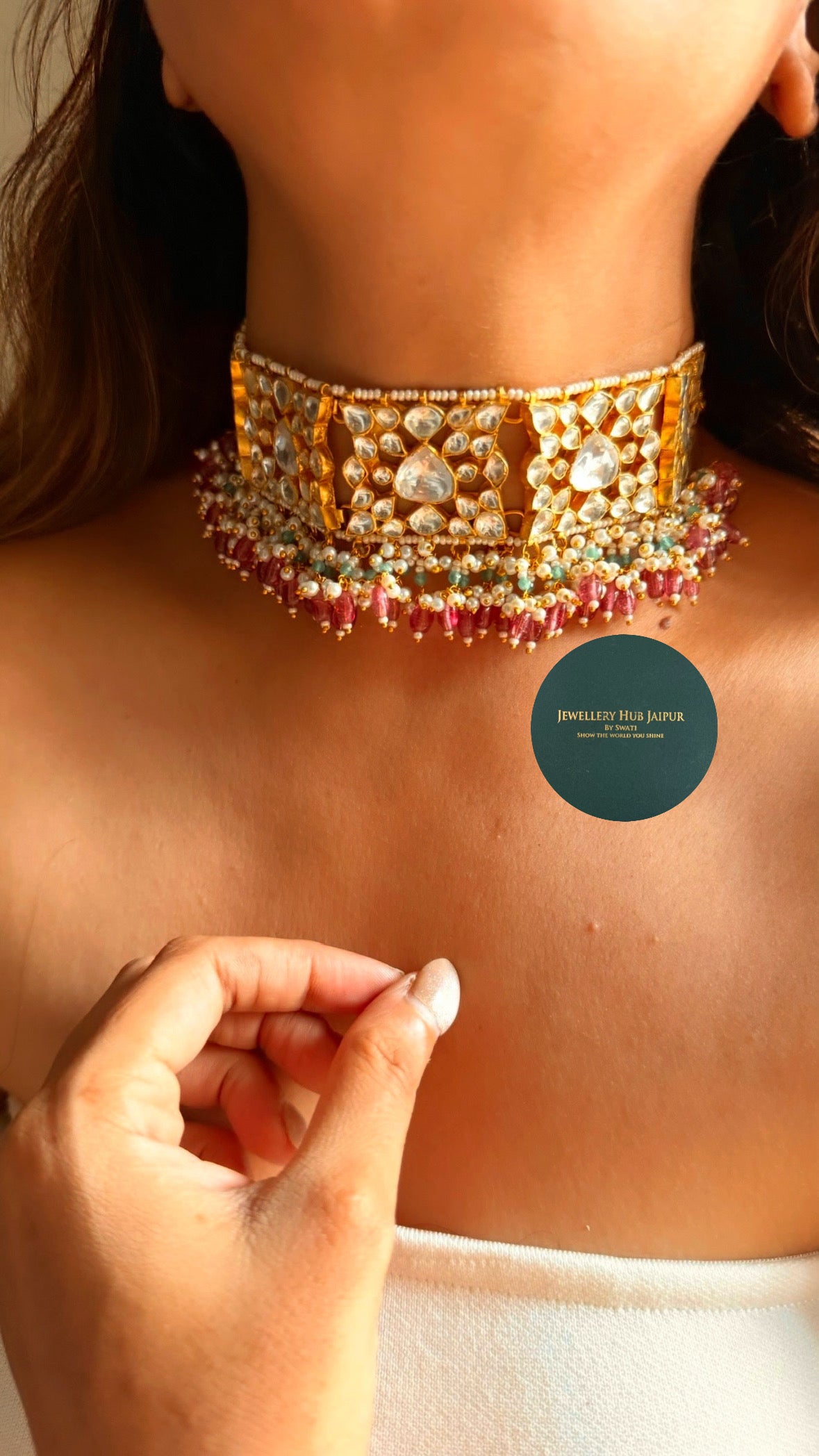 Paachi polki rajwada choker with rani pink strawberry beads