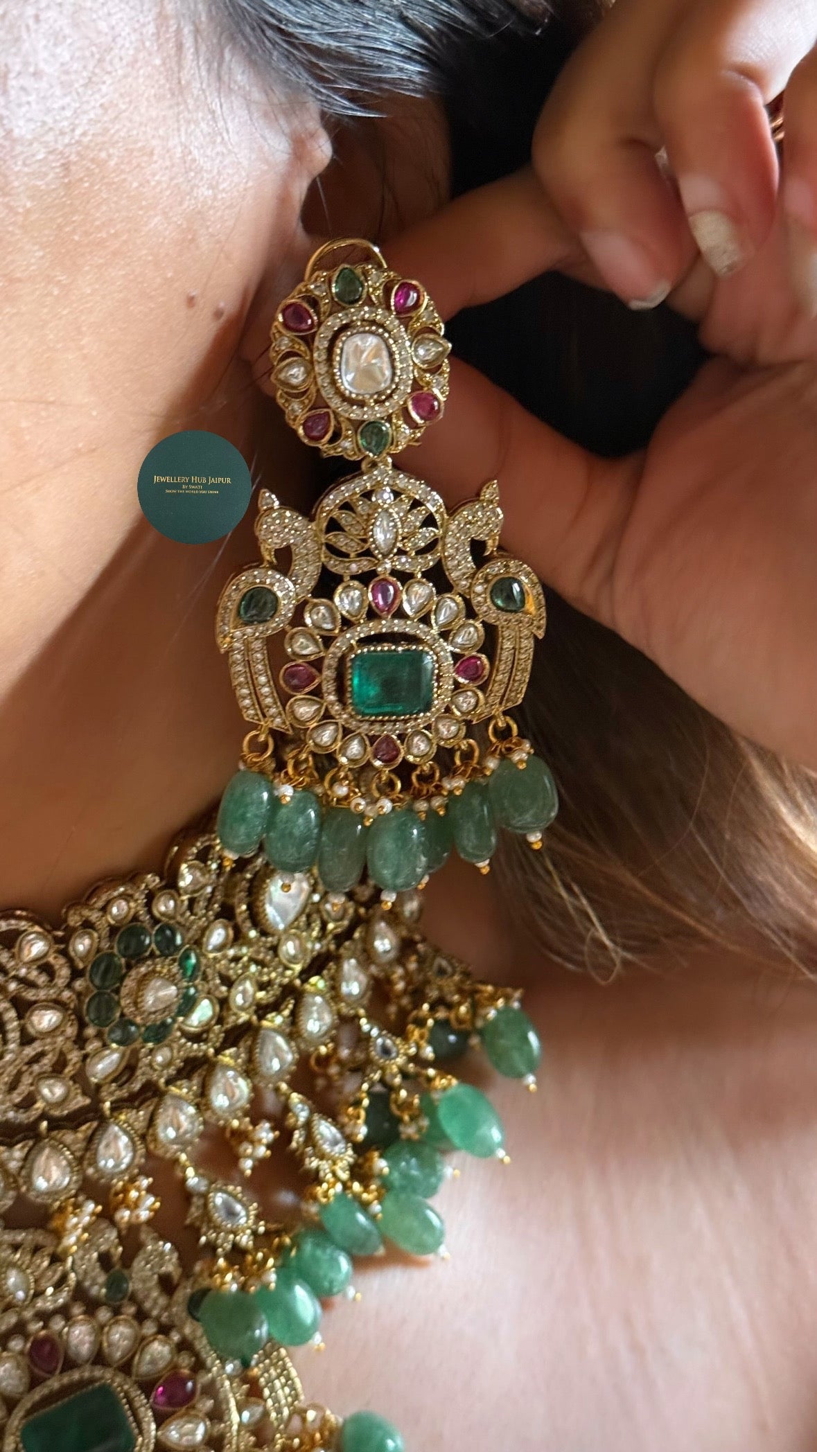 Emerald doublet & Rani pink with mint drops choker set