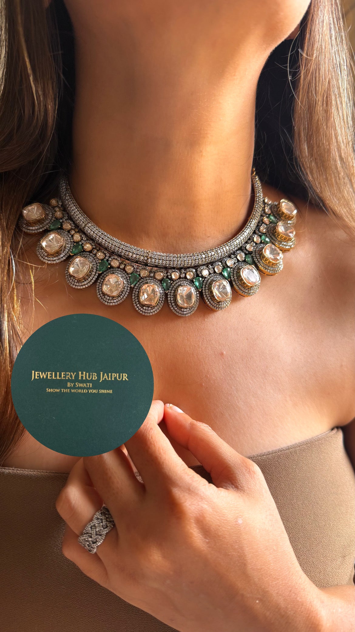 Real uncut moissanite polki  & mint Swarovski designer collar set