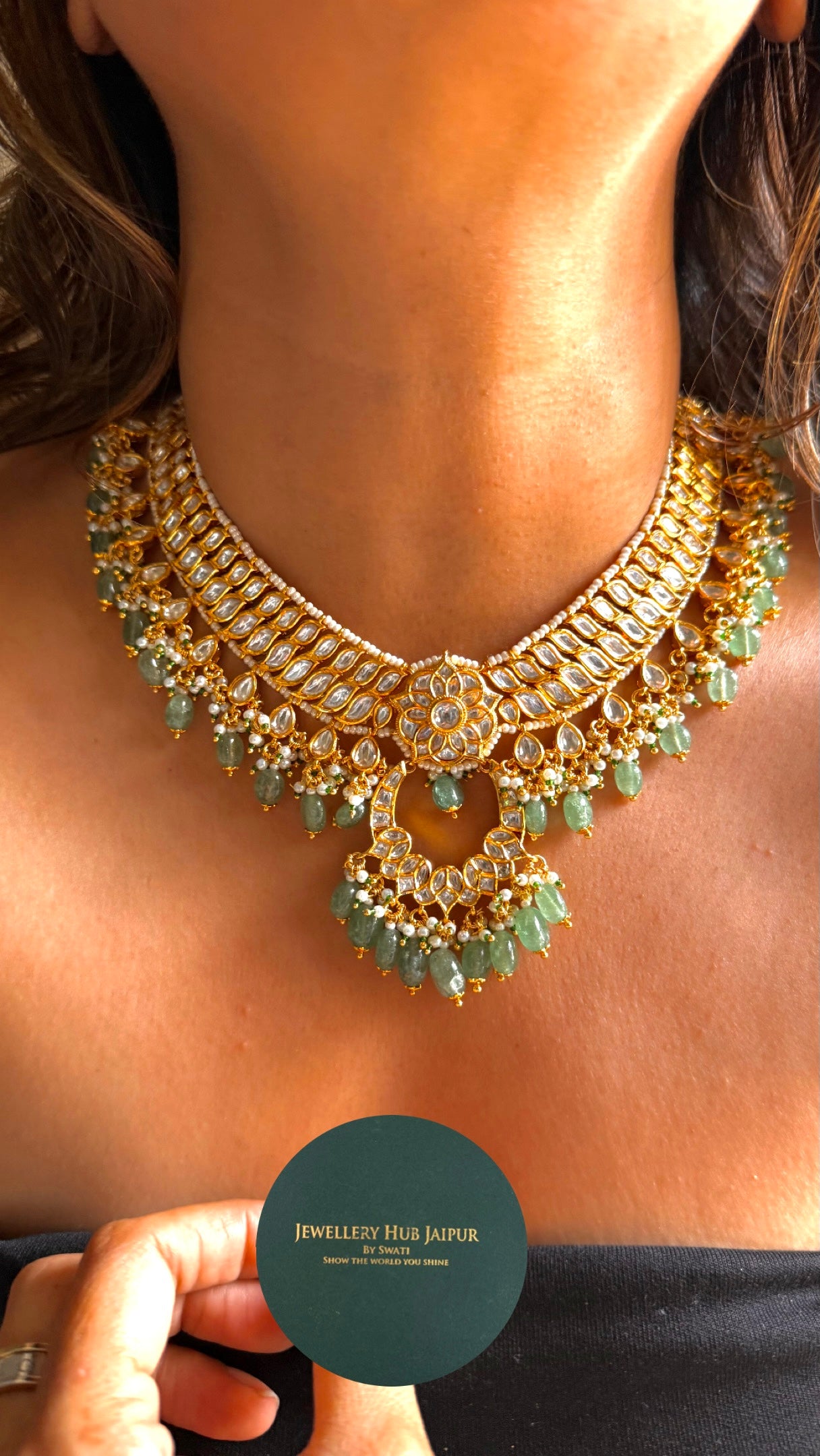 Paachi Kundan floral designer with mint detailing necklace
