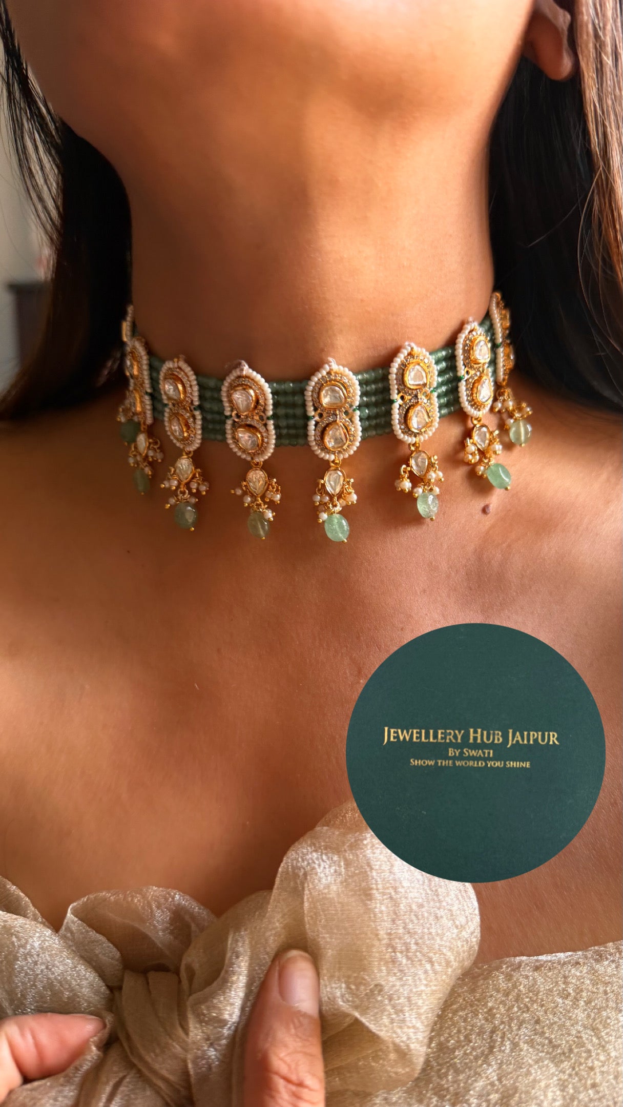 Real Moissanite mint choker set with strawberry drop