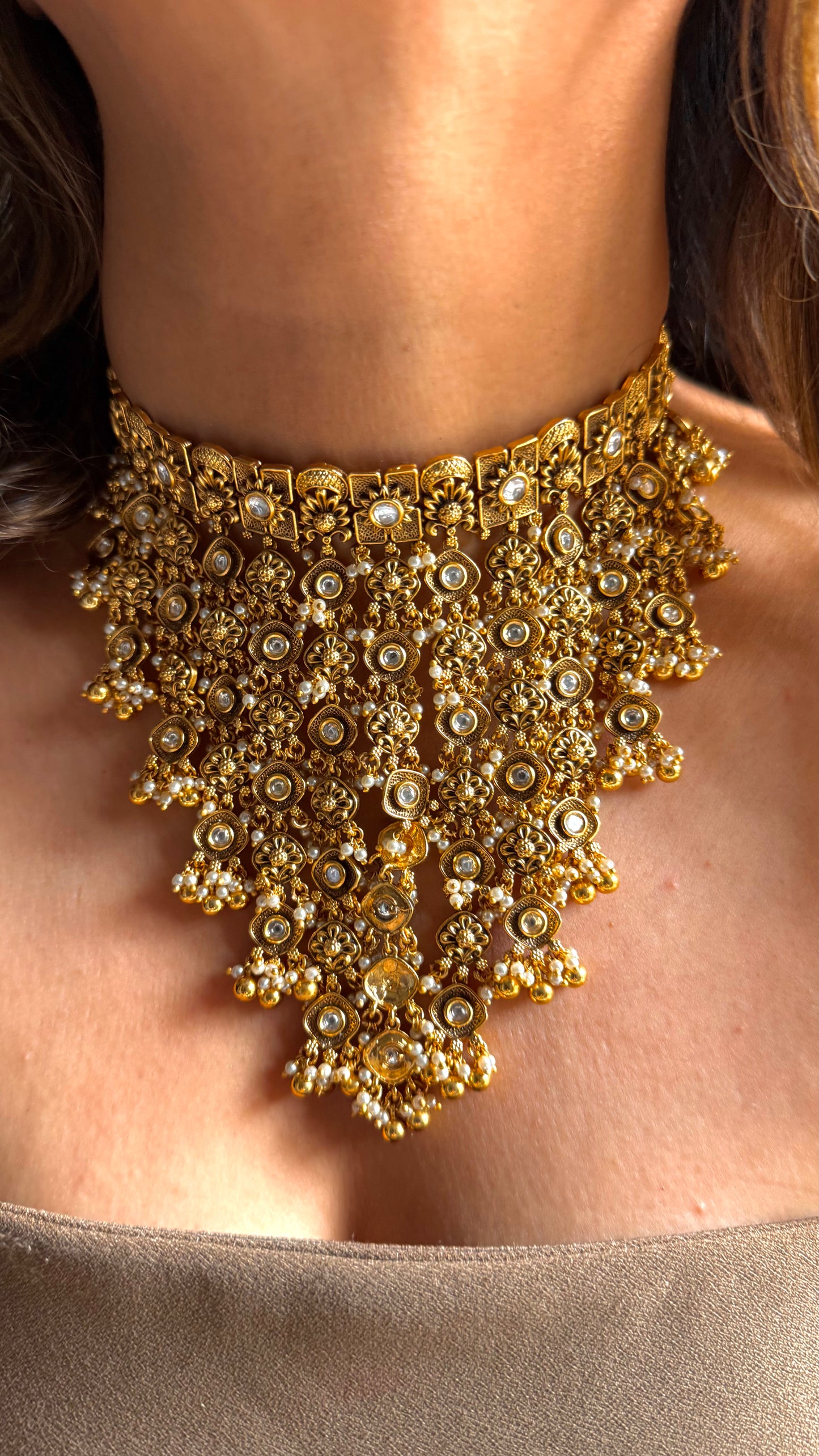 Nakshi oxidised waterfall polki necklace set