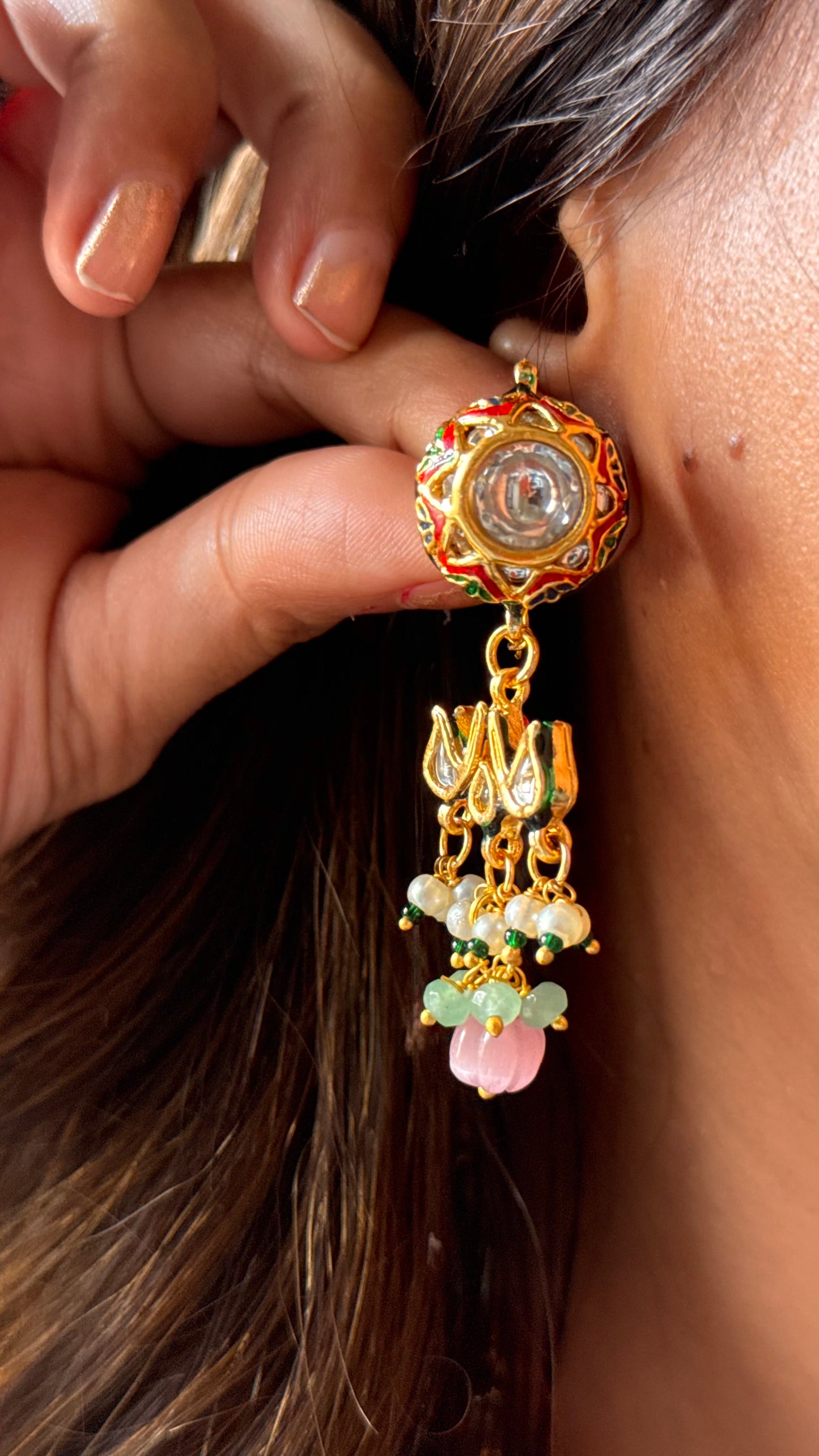 Meenakari mint inlay with rose quartz drop collar Necklace