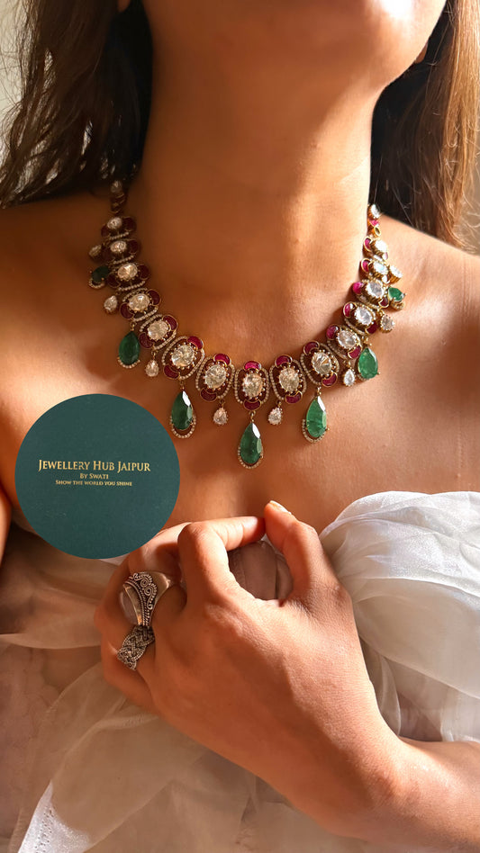 Emerald doublet drop with ruby katdana polki collar set