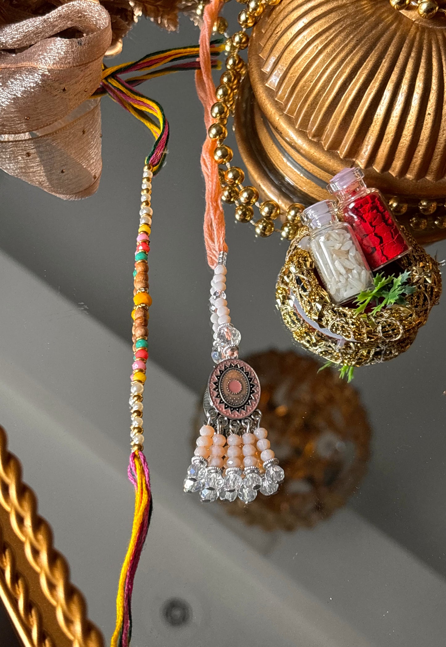 Bhaiya bhabhi lumba peach nakashi oxidised rakhi ( shipping will be extra )