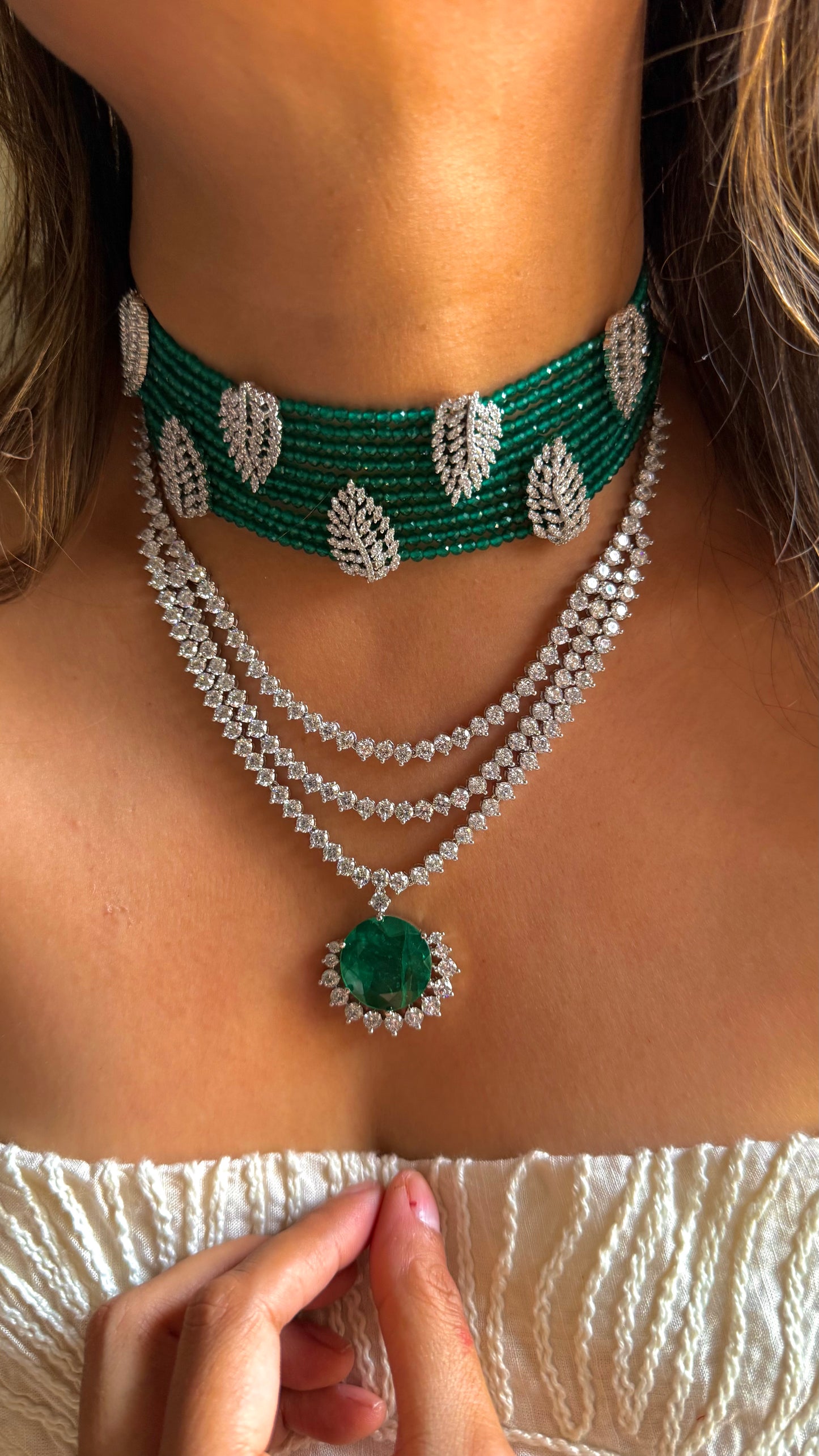 Emerald cz diamond choker & necklace combo