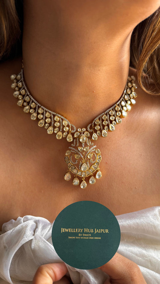 Real Moissanite (peeli polki- Lv Shade) designer Victorian necklace