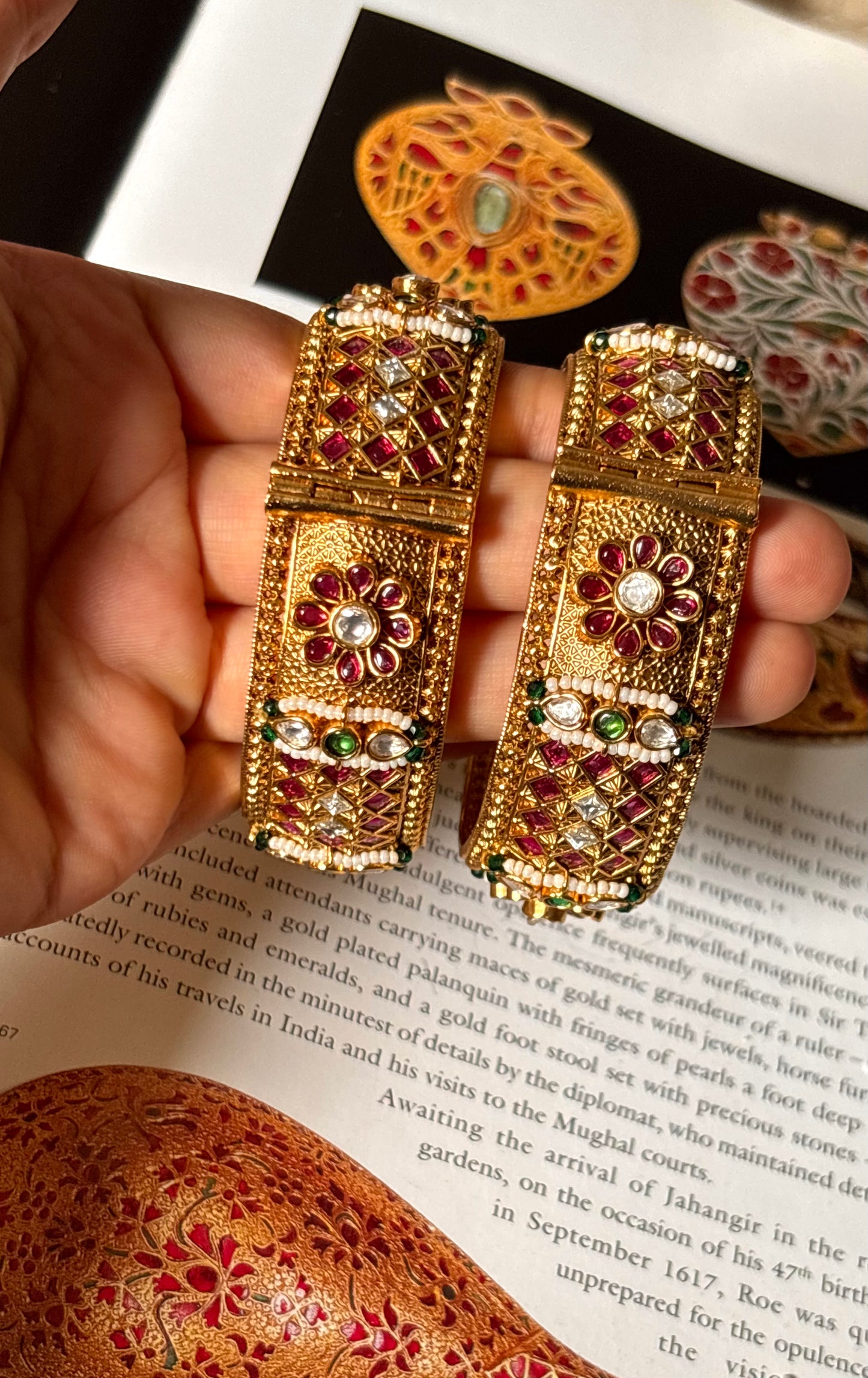 Rani pink & emerald gold polish Rajwada bangles