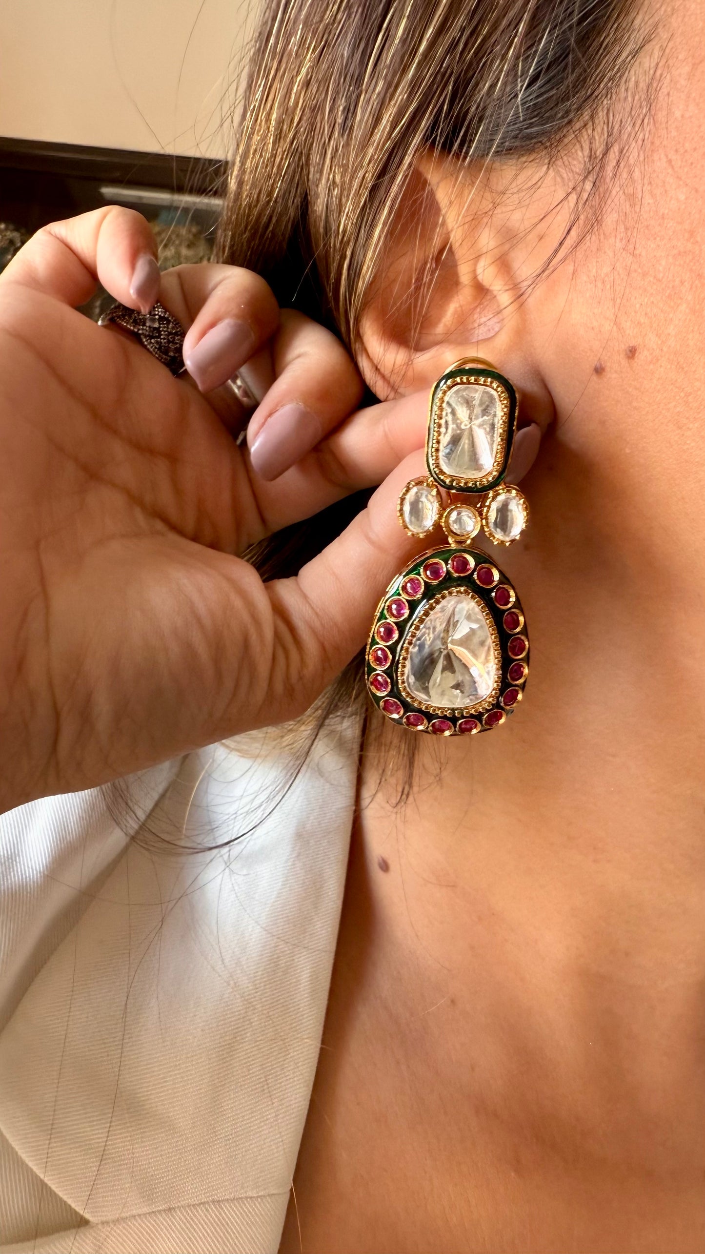 Emerald ruby meeenakari uncut polki earring