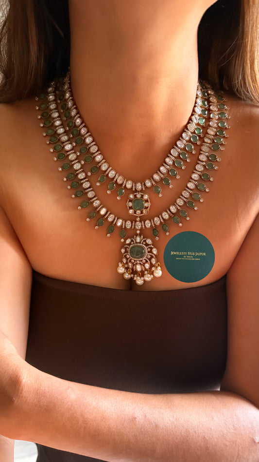 Dual layer moissanite & mint with pearl detailing collar necklace