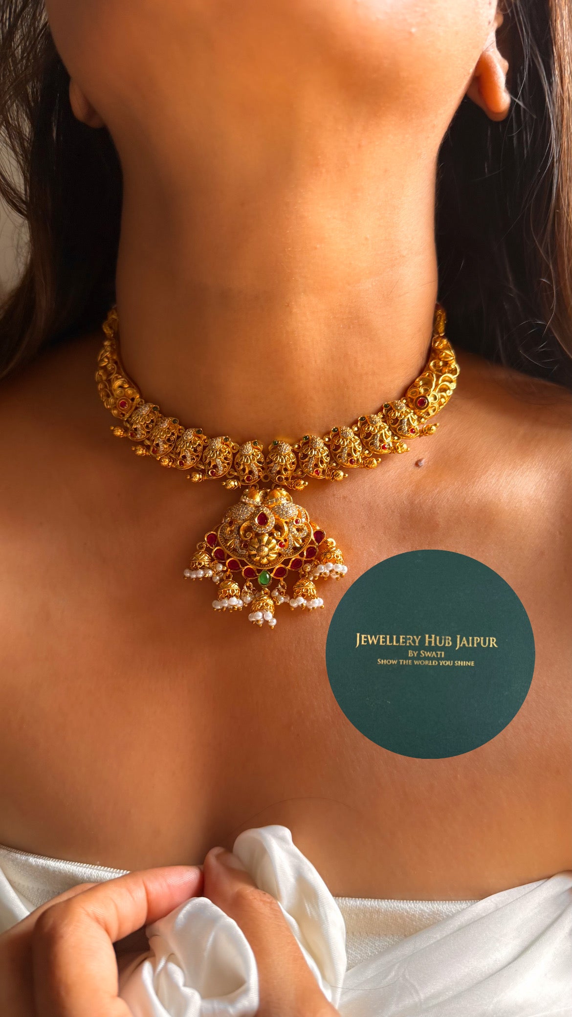 Ruby & emerald with minimal jhumka with pearl drop temple set