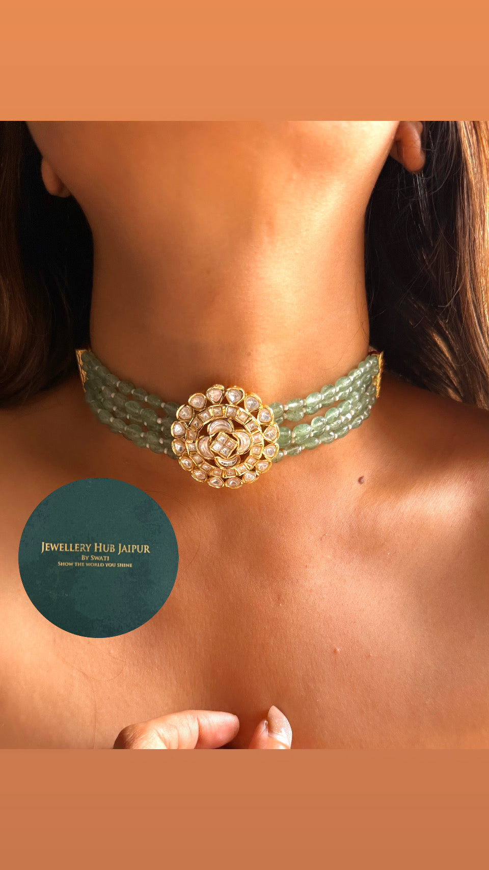 Real Moissanite polki floral mint thread choker set