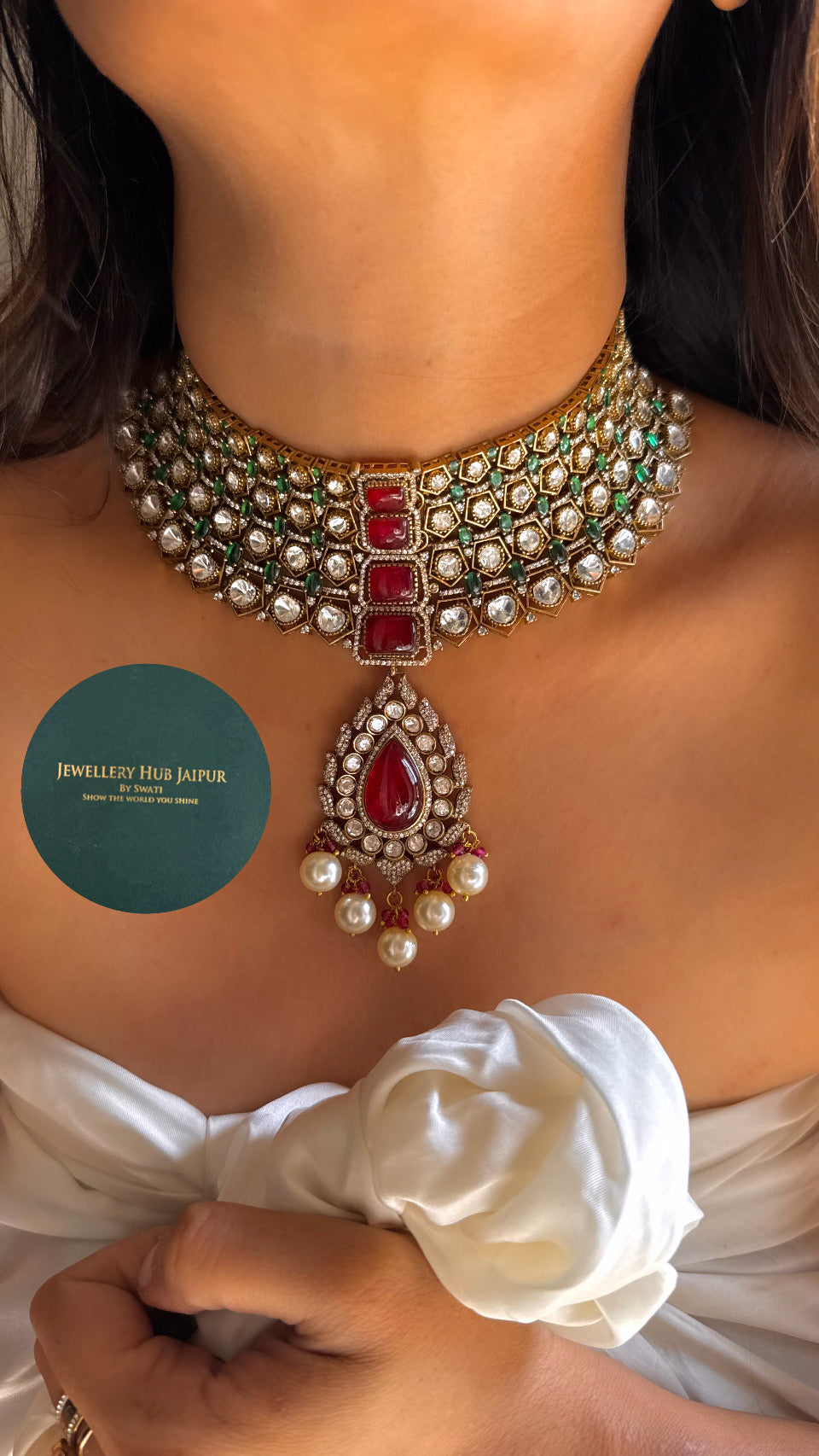 Emerald & Ruby doublet Moissanite choker with pearl detailing