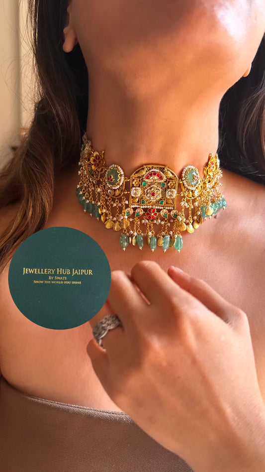 Heritage Mint inlay work & rani pink floral with mint drop royal  rajwada choker set