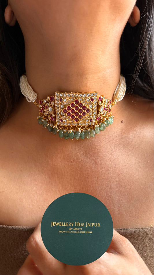 Paachi Kundan Jadaau ruby with mint drops  thread choker necklace
