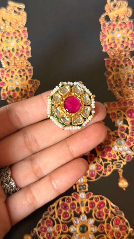 Rani pink floral meenakari paachi adjustable ring