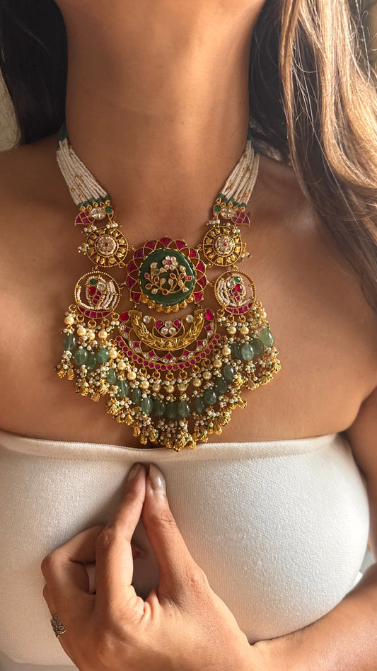 Emerald inlay with rani pink katdana lotus rajwada set