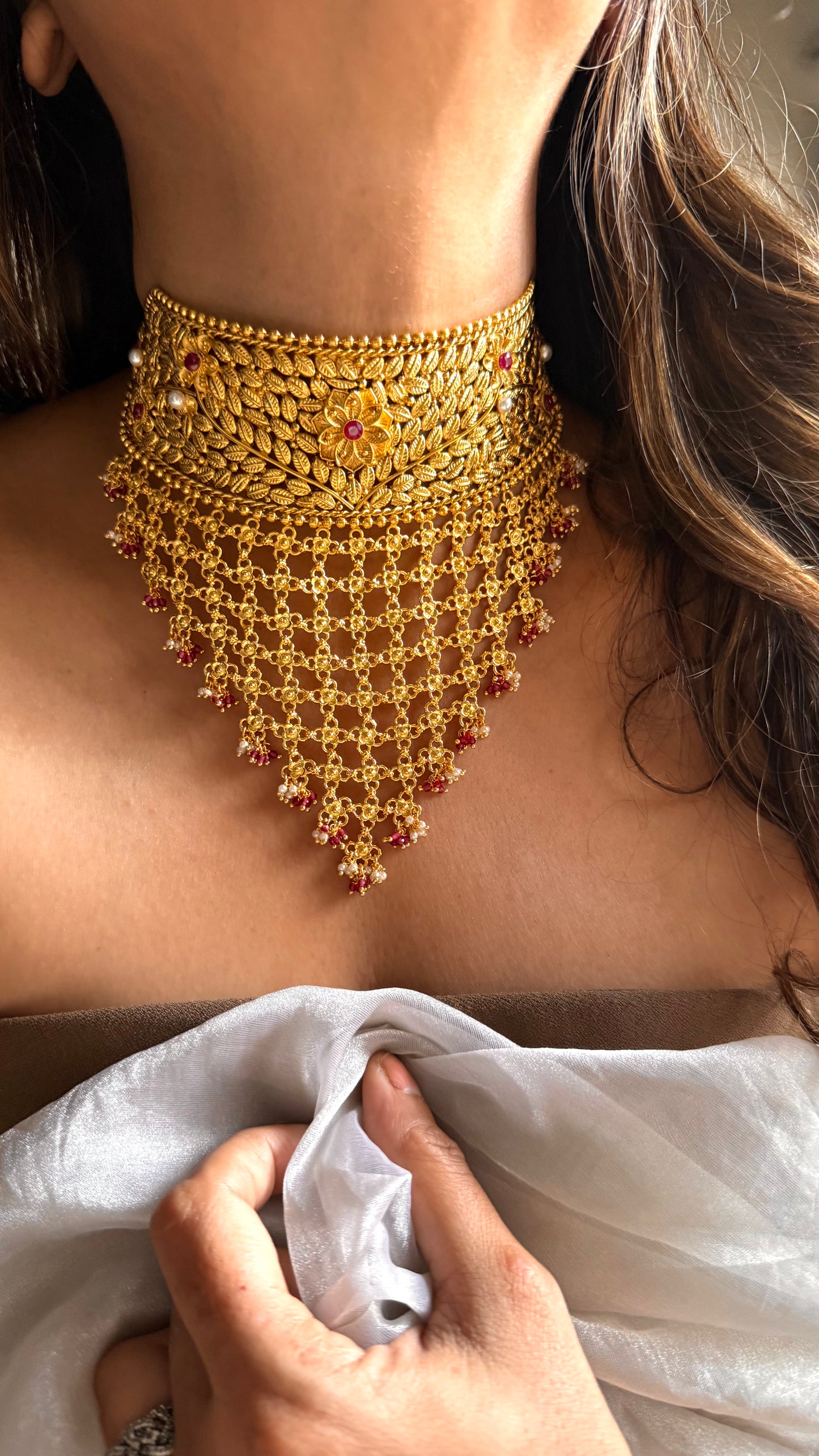 Dubai Gold inspired Ruby waterfall choker necklace with drop detailing