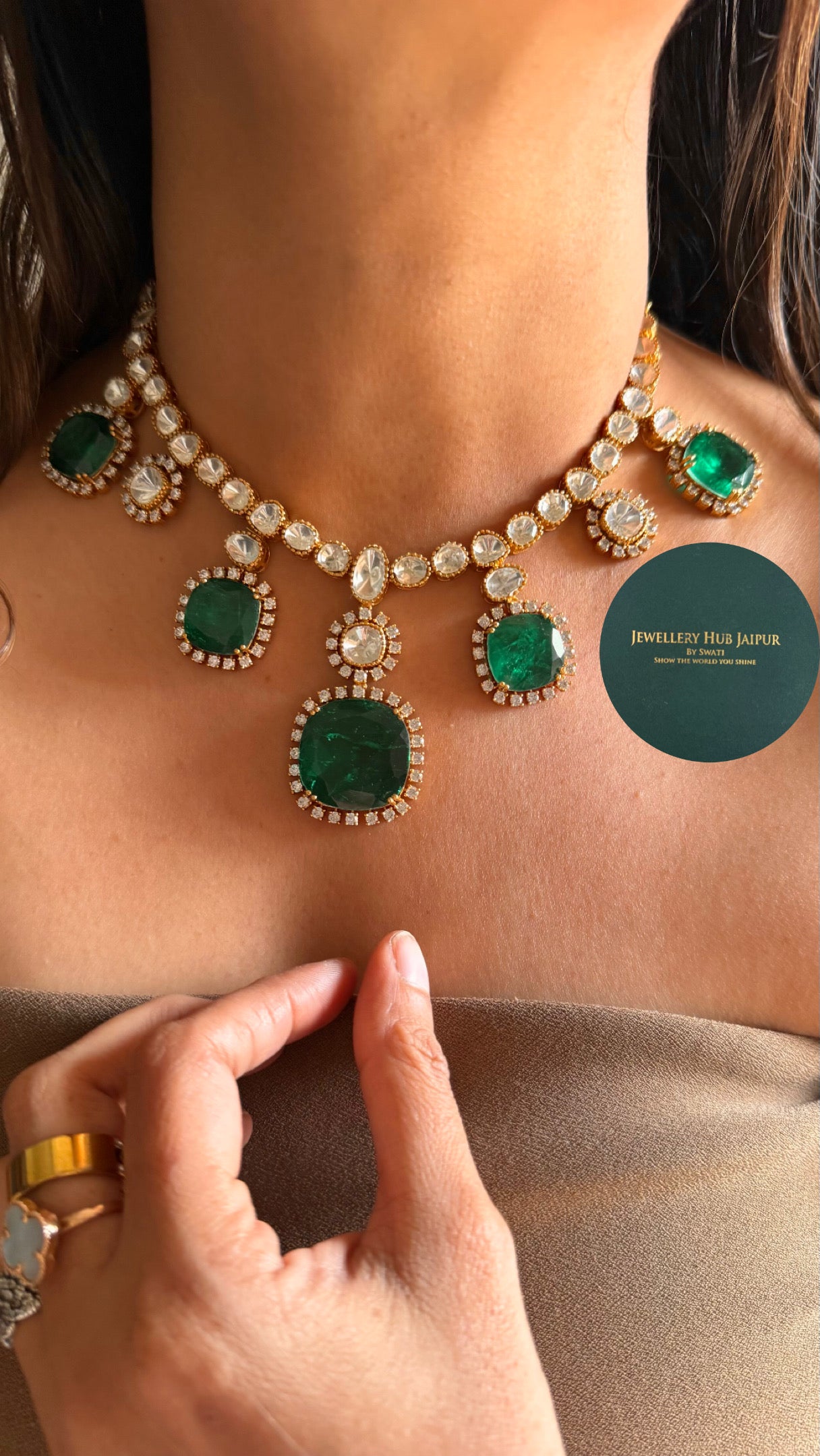 Emerald doublet moissanite collar necklace