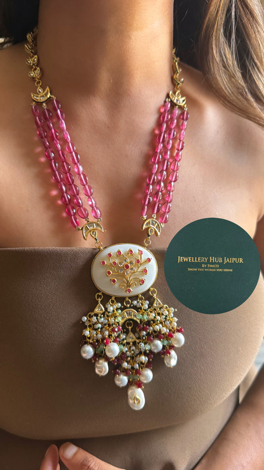 White inlay work & rani pink string meenakari paachi with pearl drop heritage long set