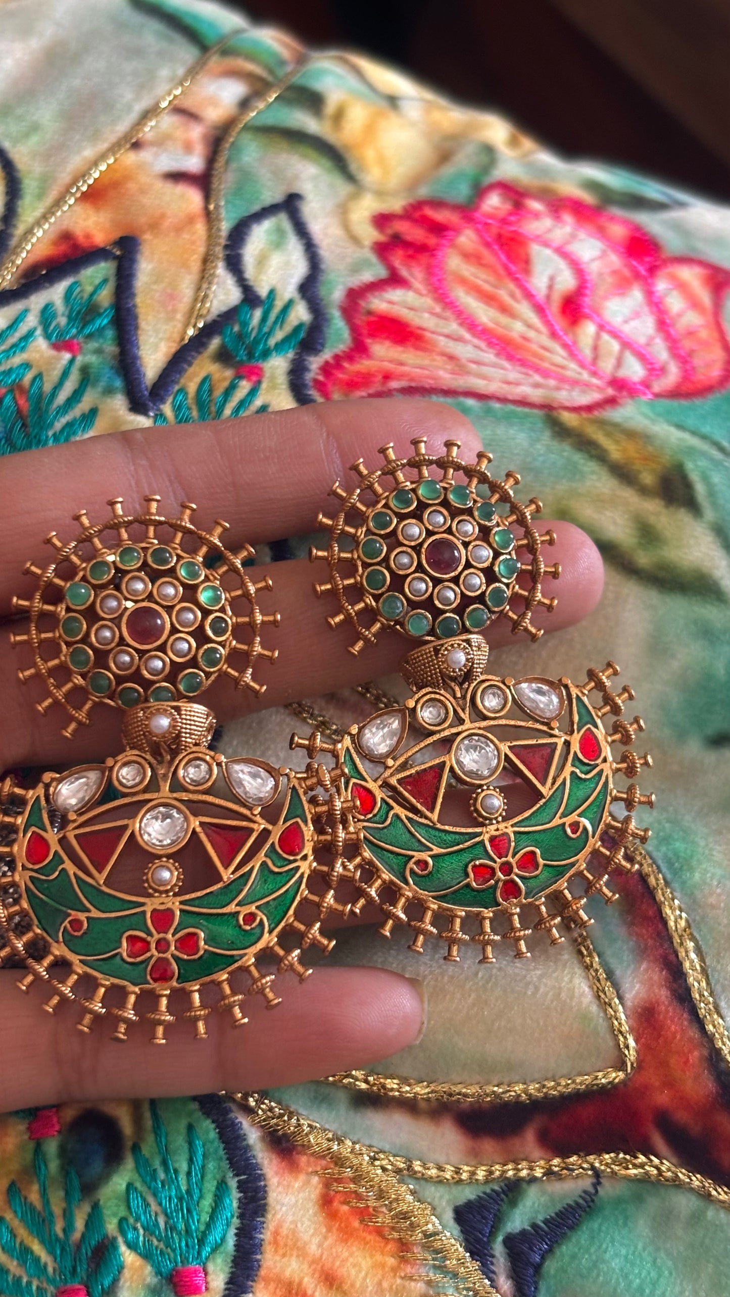 Amrapali inspired ruby & emerald danglers inlay work