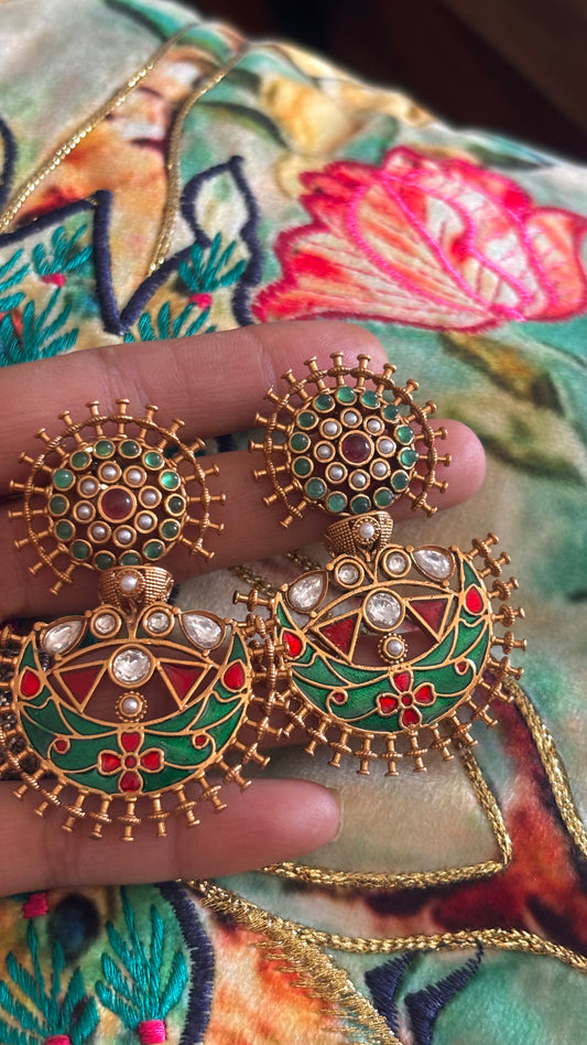 Amrapali inspired ruby & emerald danglers inlay work