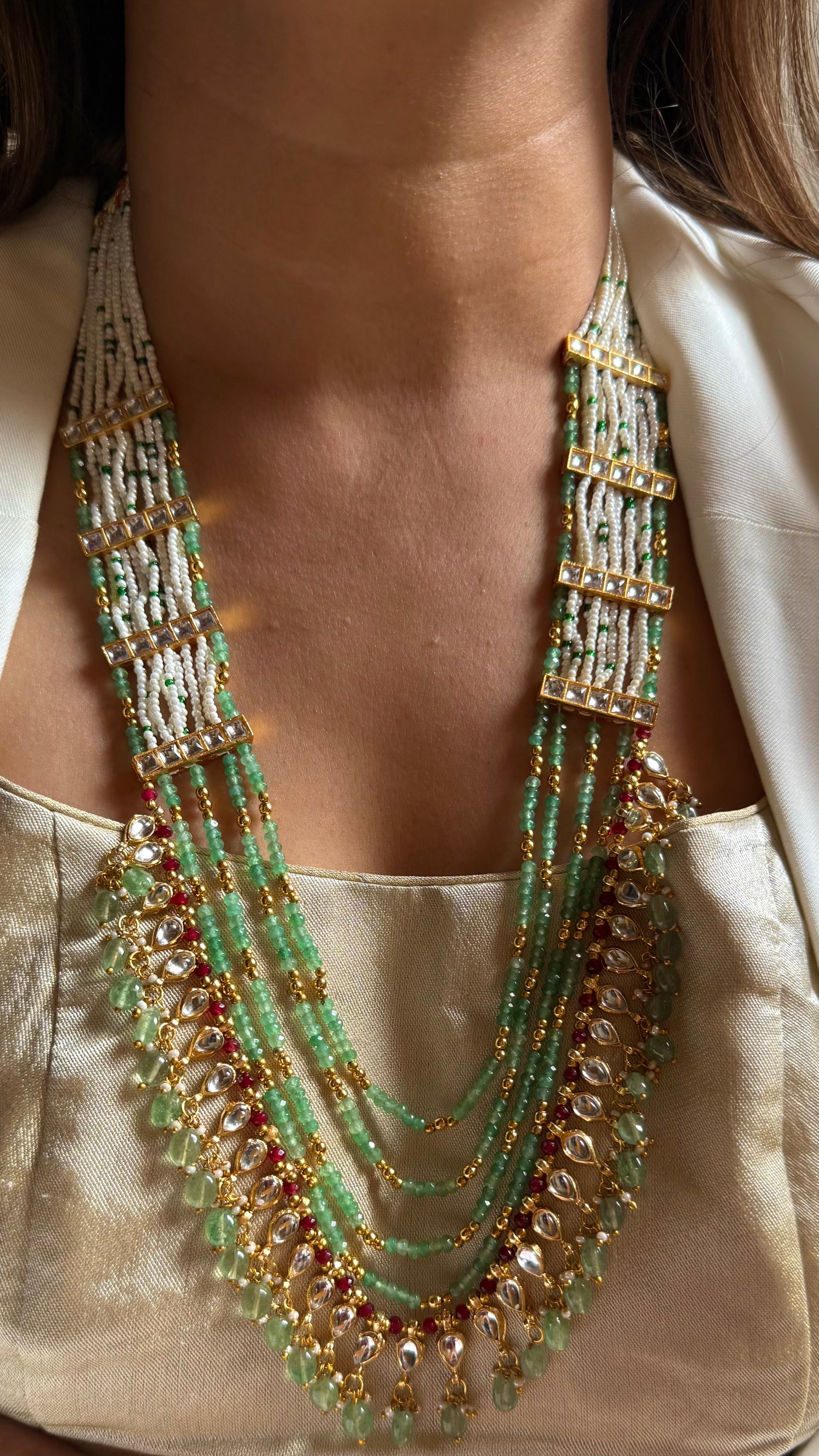 Rani pink & mint strings with mint drop rajwada long set