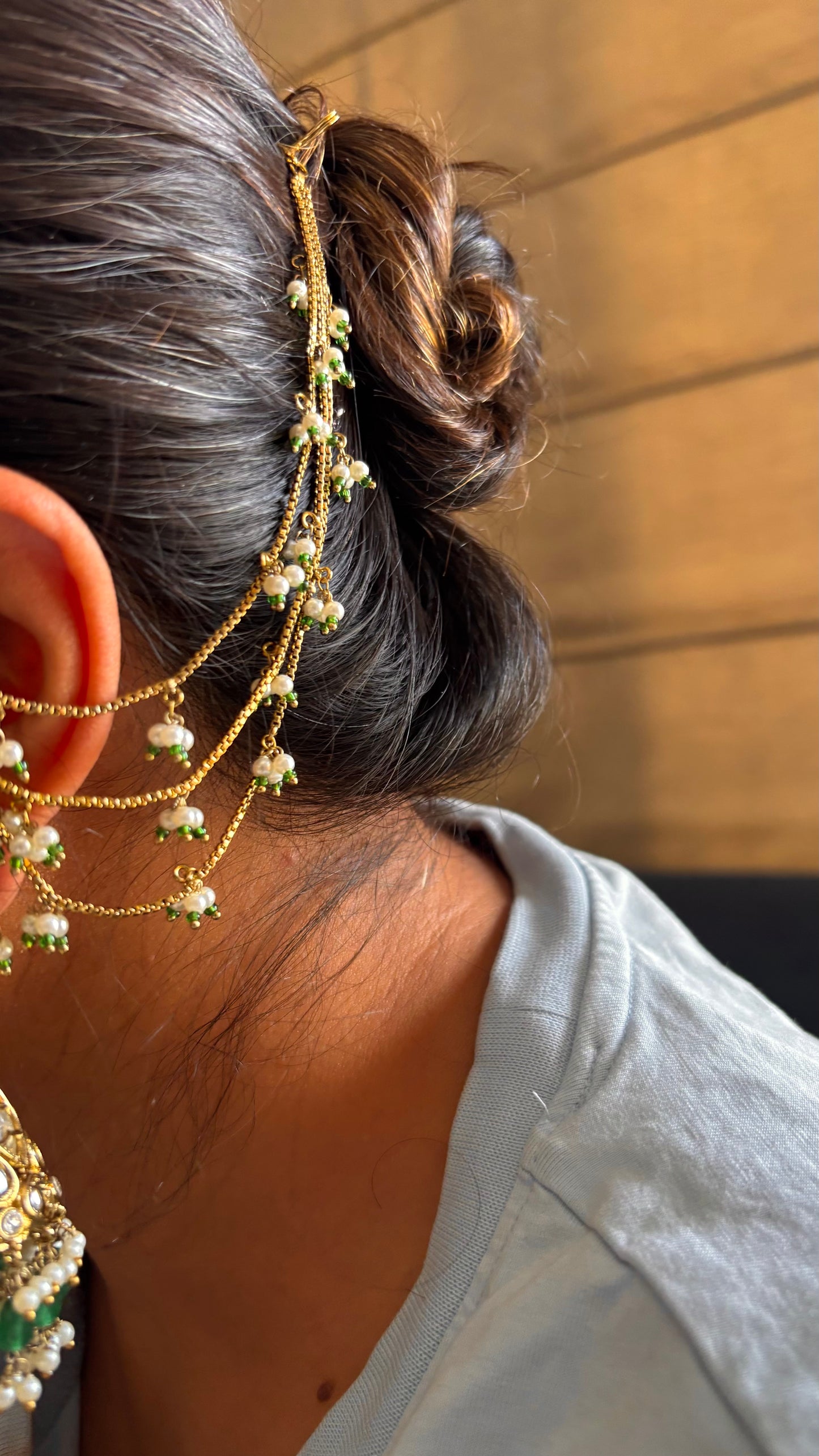 Polki Jhumki emerald pearl detailing with attach kaan chain Earrings