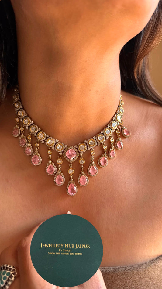 Rose quartz real moissanite Collar Necklace