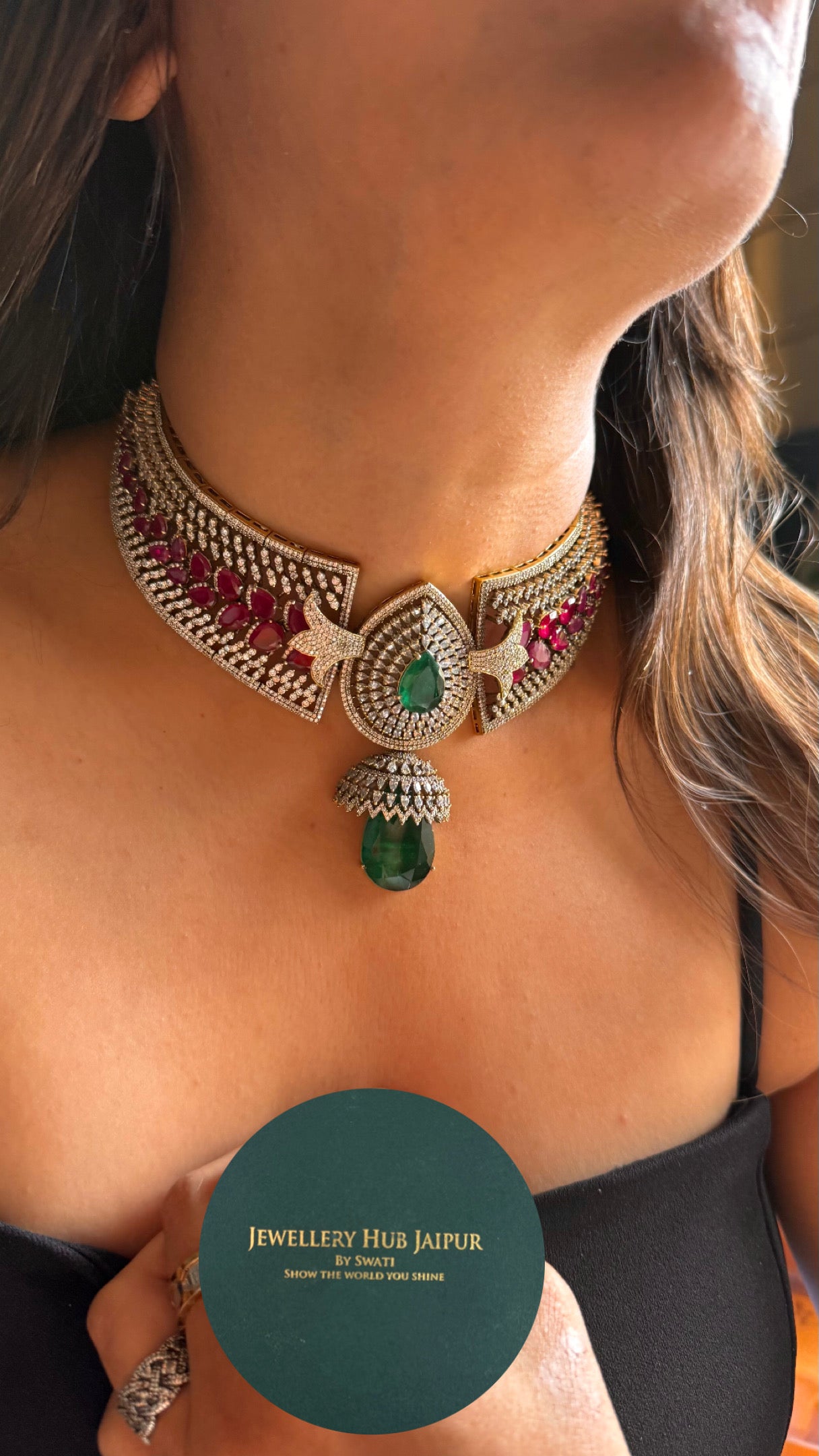 Emerald & Rani pink with cz diamond cocktail Necklace