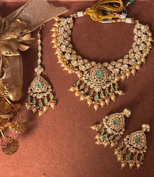 Mint doublets & moissanite polki necklace with maangtika