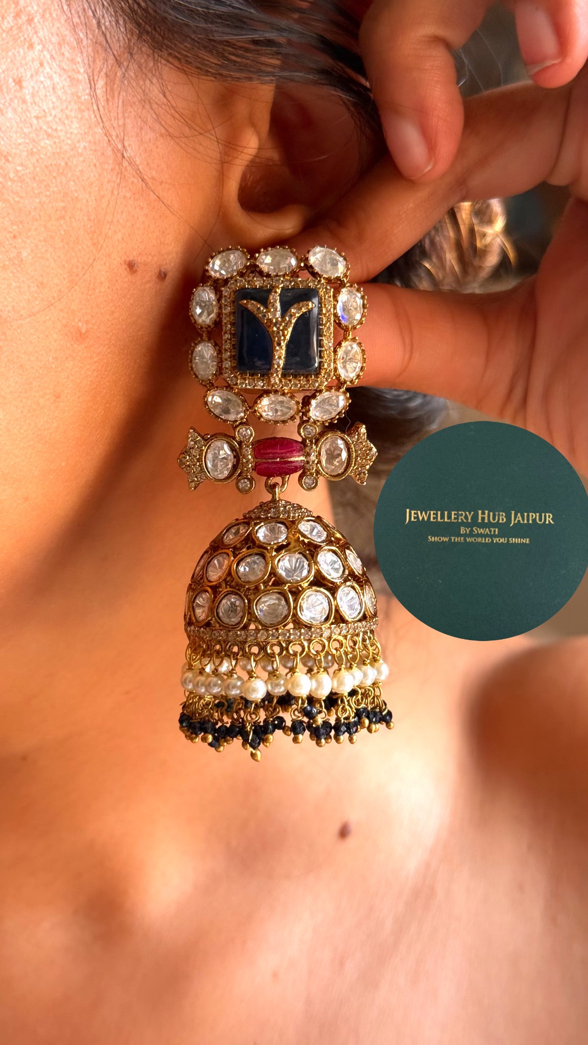 Sapphire doublet & ruby moissanite polki jhumka
