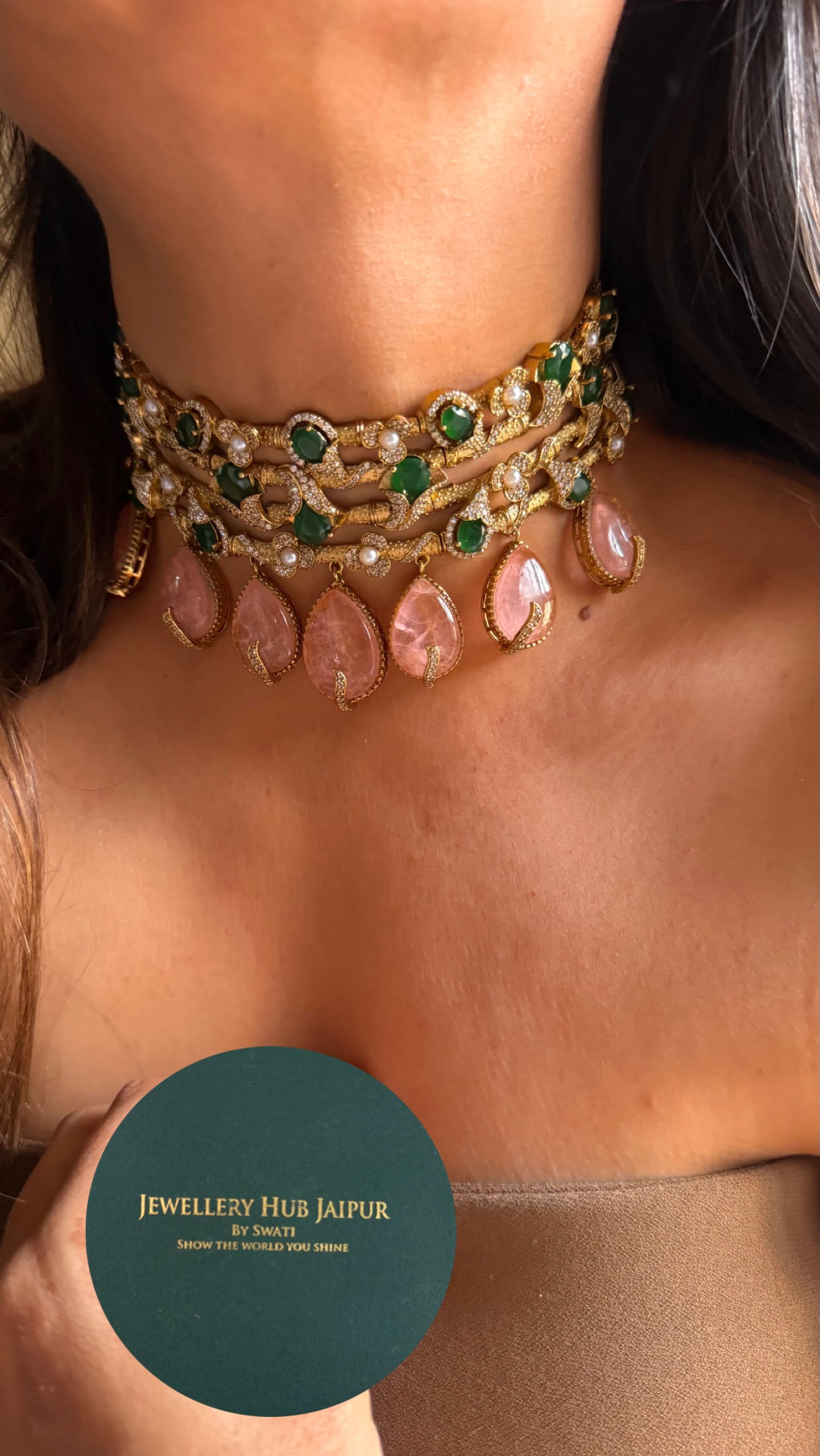 Emerald & rose quartz cocktail statement choker