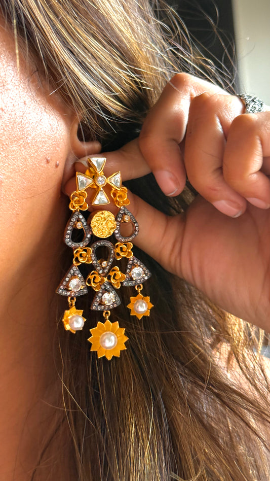 24kt Dubai Gold inspired sunflower danglers with granite & Polki detailing