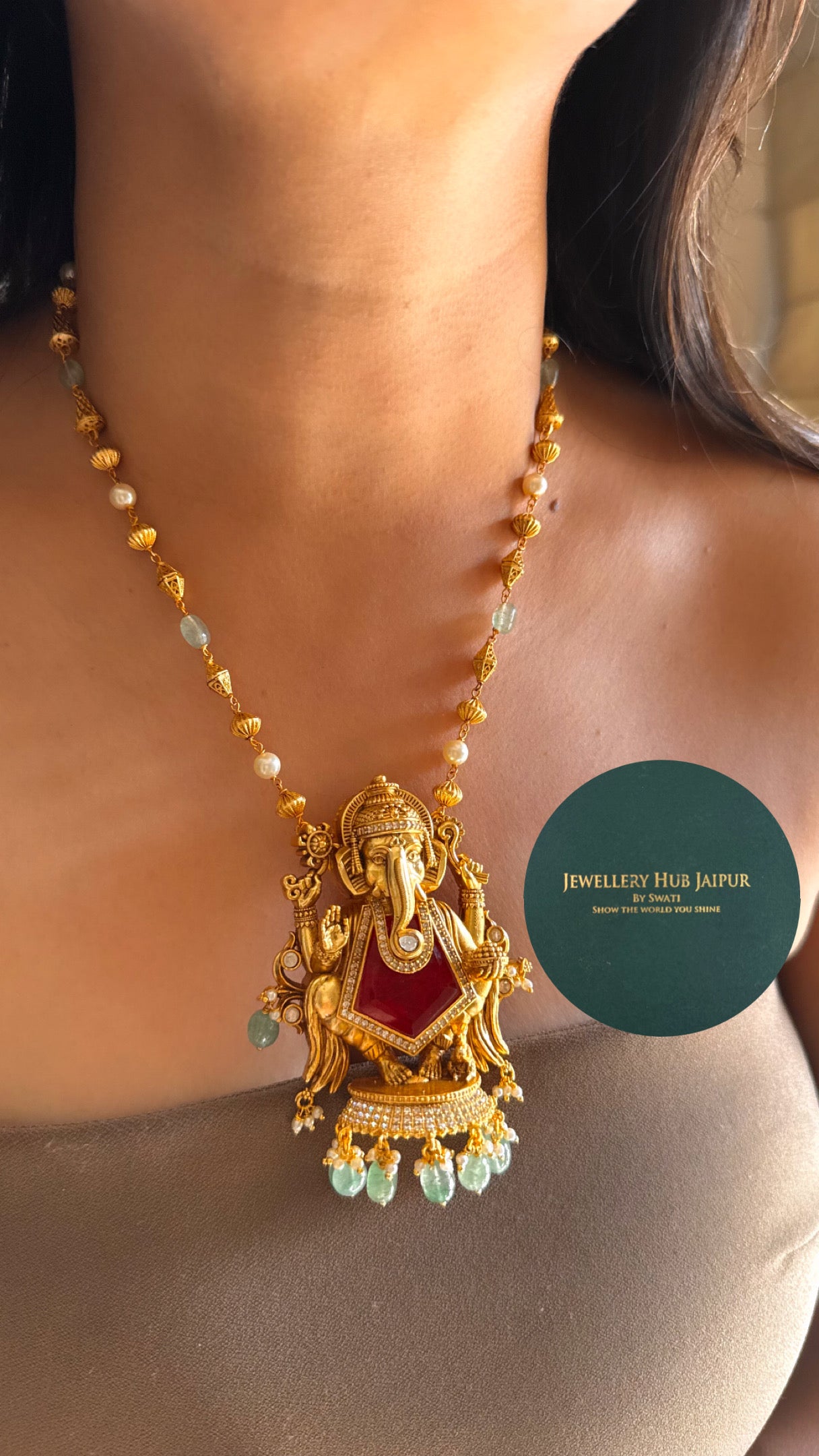 Ganeshji inspired ruby with mint drops Pendant set