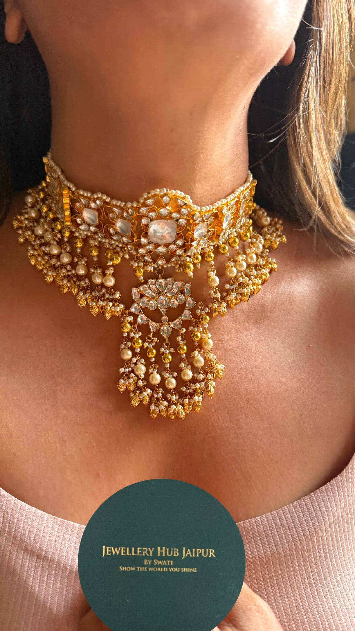 Lotus inspired handmade Paachi kundan choker necklace