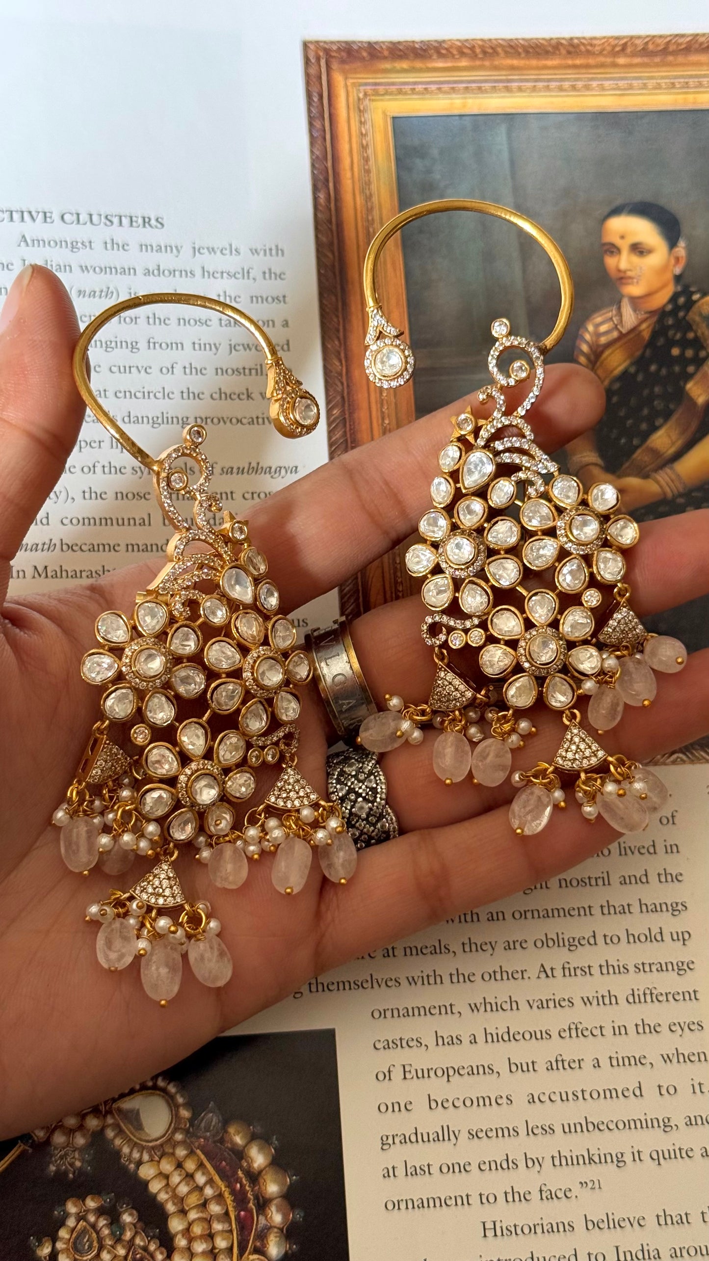 Moissanite polki with pearl rose quartz earrings