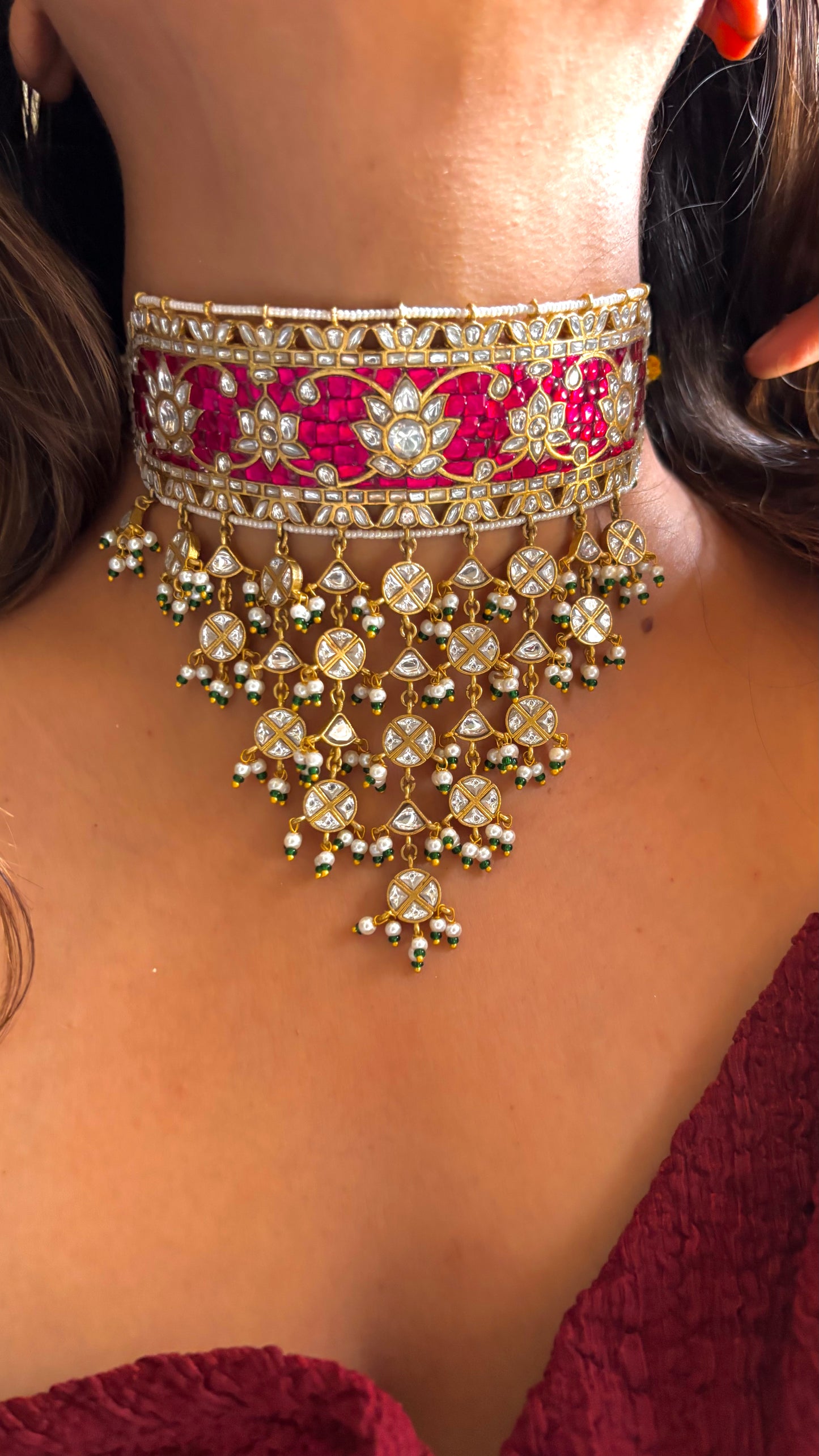 Rani pink nakshi paachi kundan polki aad