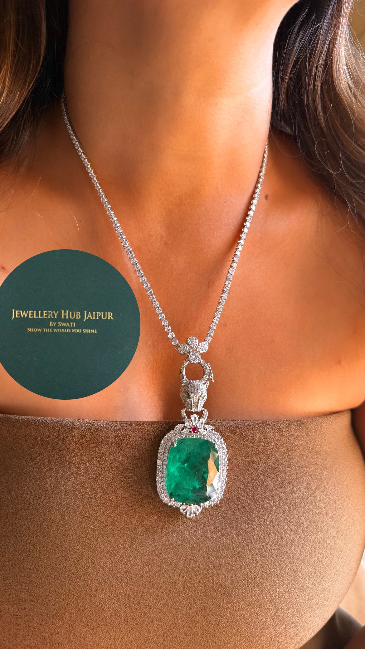 Large emerald and diamond panther pendant