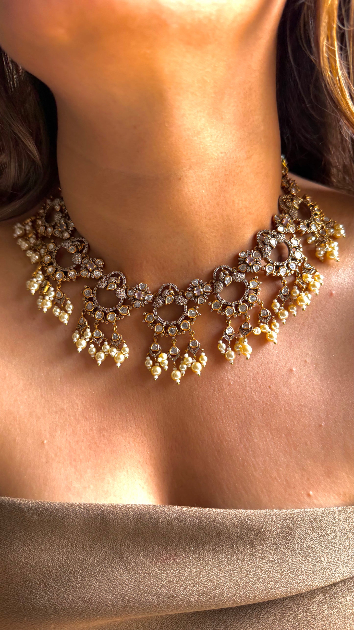 Rose Quartz designer polki collar necklace set with Pearl, drop detailing