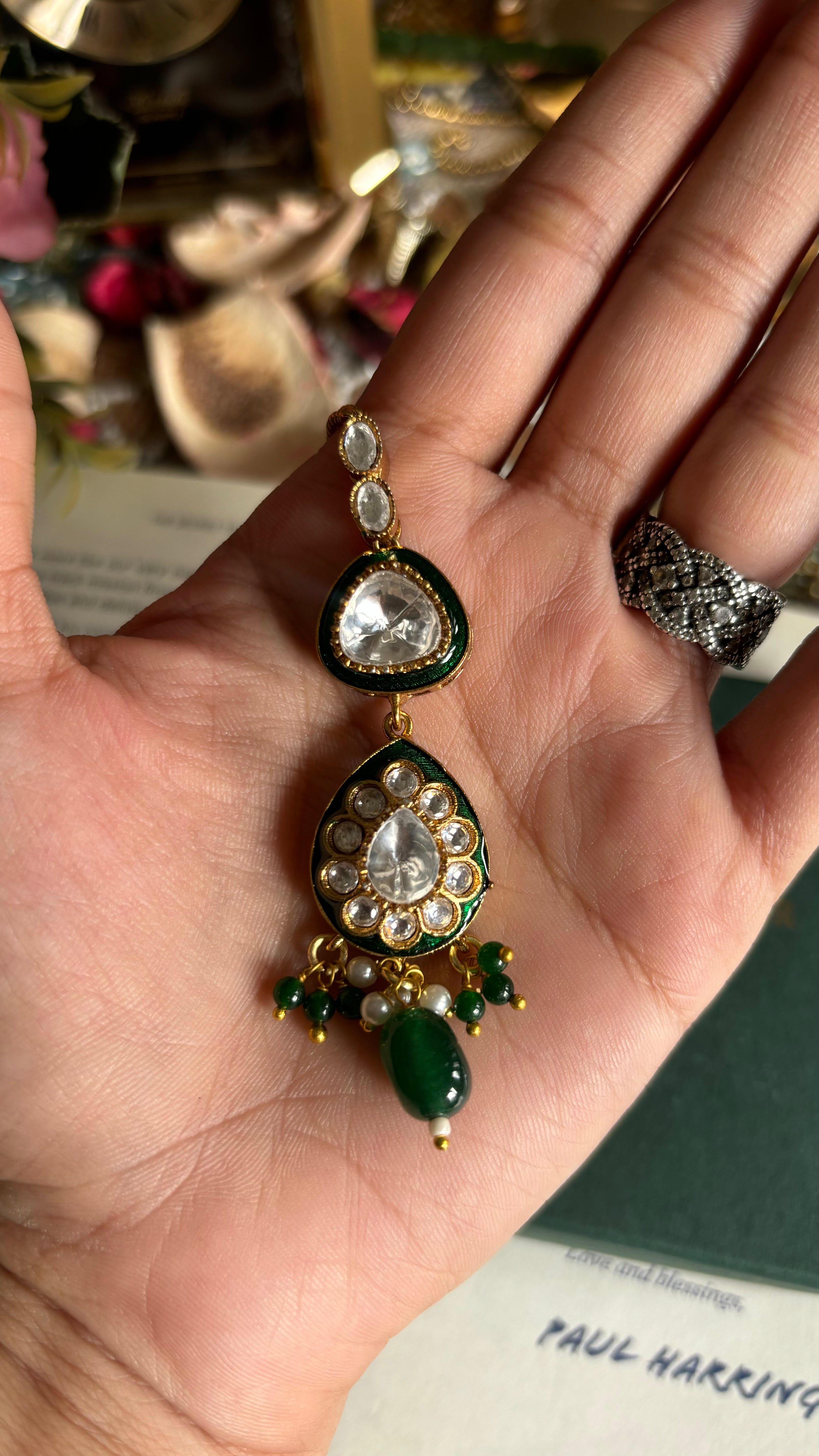 Emerald drop & meenakari maangtika