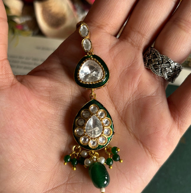 Emerald drop & meenakari maangtika